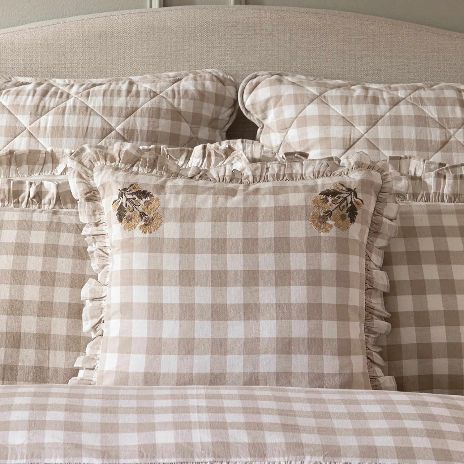 Matilda Beige Gingham Ruffle Floral Embroidered Linen Blend Cushion - Image 3