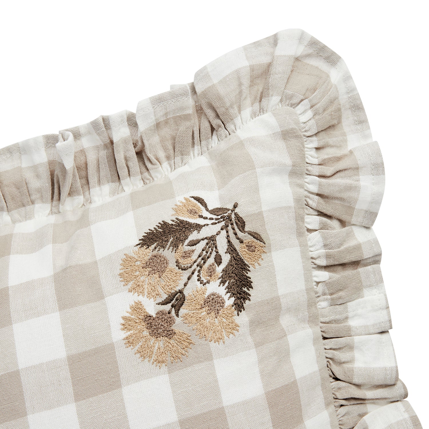 Matilda Beige Gingham Ruffle Floral Embroidered Linen Blend Cushion - Image 4