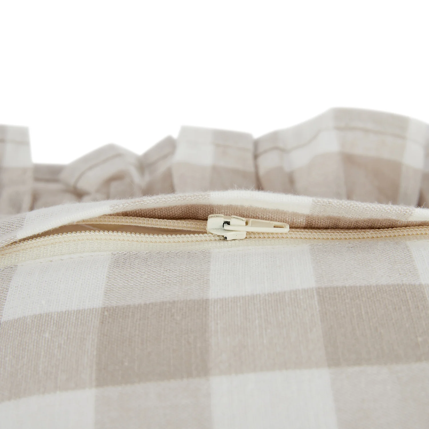 Matilda Beige Gingham Ruffle Floral Embroidered Linen Blend Cushion - Image 6