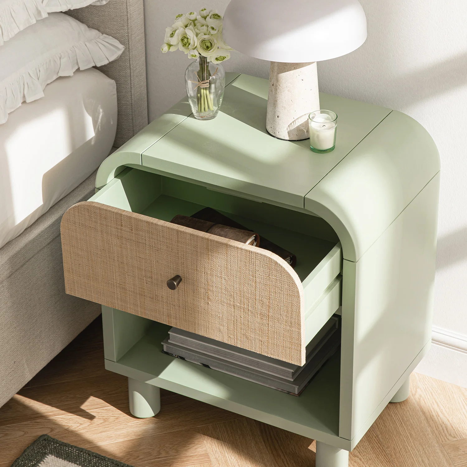 Maude 1 Drawer Bedside Table, Muted Pistachio Ash with Raffia - Image 3