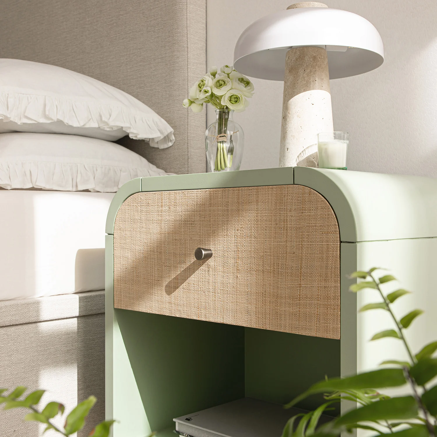 Maude 1 Drawer Bedside Table, Muted Pistachio Ash with Raffia - Image 4