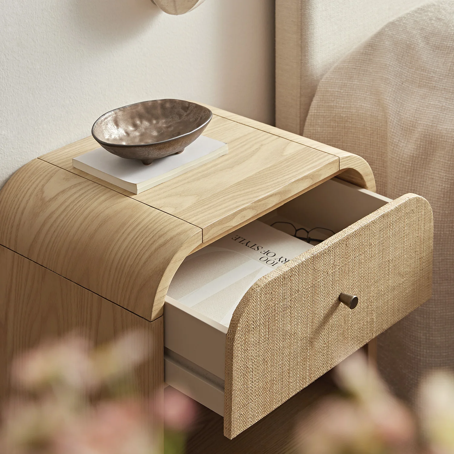 Maude 1 Drawer Bedside Table, Natural Ash with Raffia - Image 5