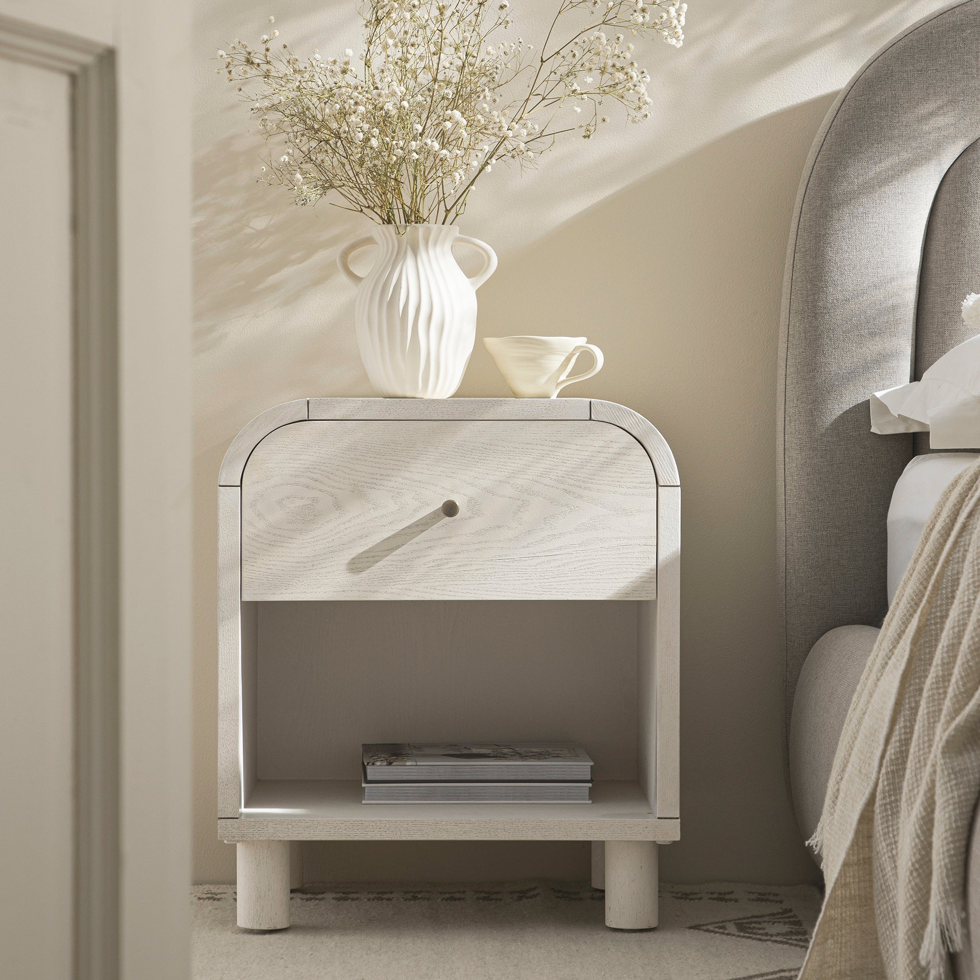 Maude 1 Drawer Bedside Table, Washed White Ash - Image 2