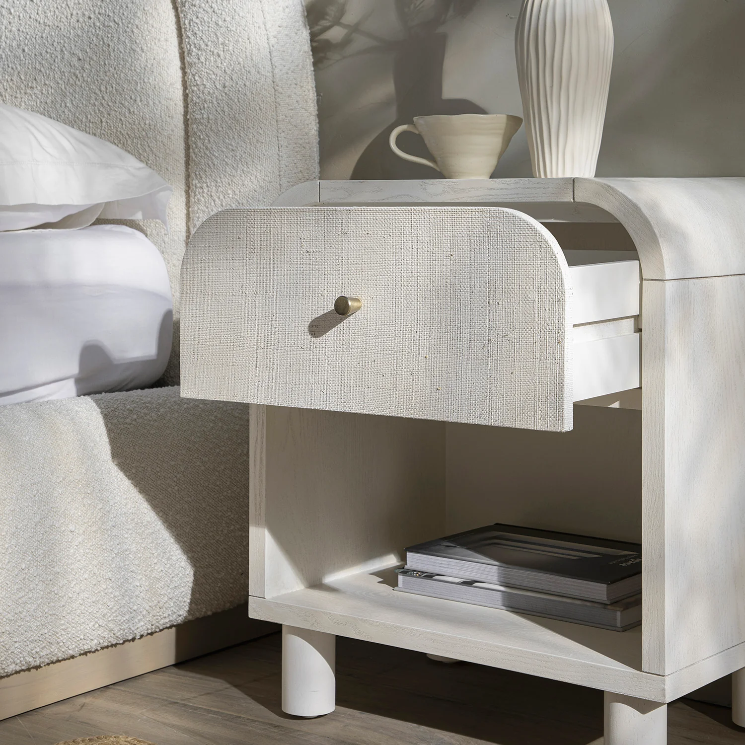 Maude 1 Drawer Bedside Table, Washed White Ash with Raffia - Image 4