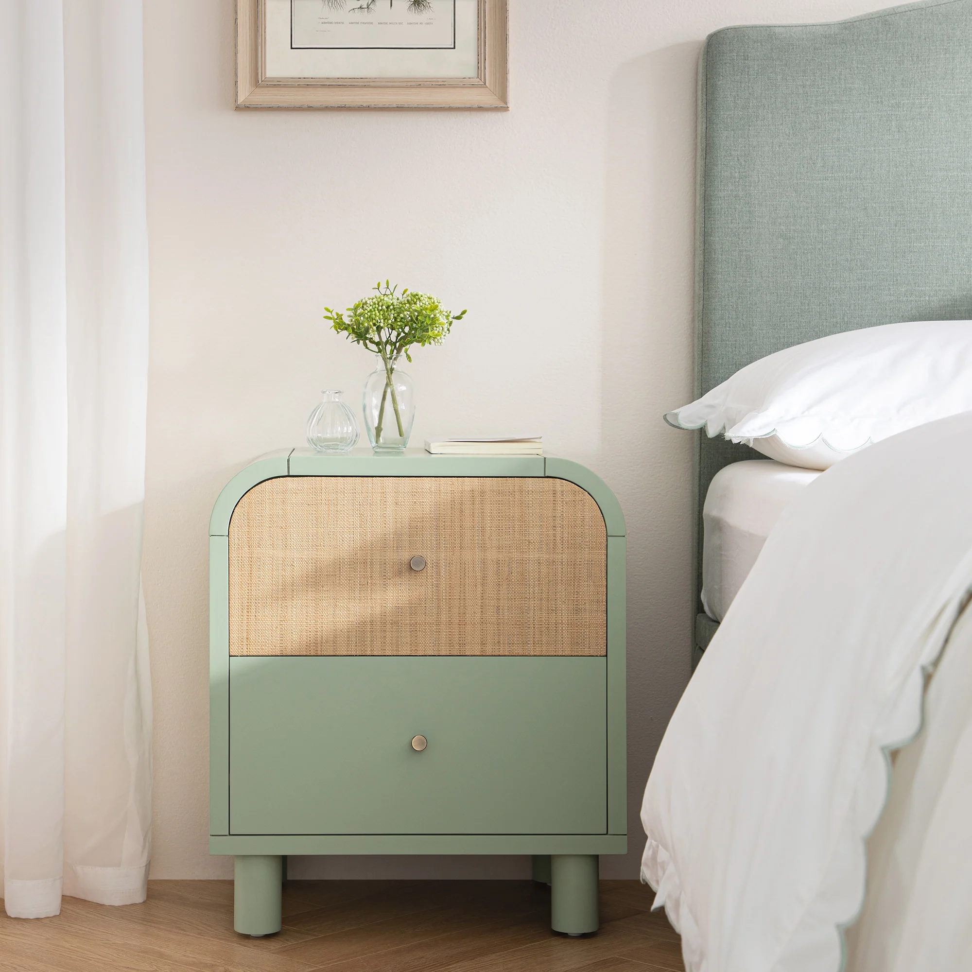 Maude 2 Drawer Bedside Table, Muted Pistachio Ash with Raffia - Image 2