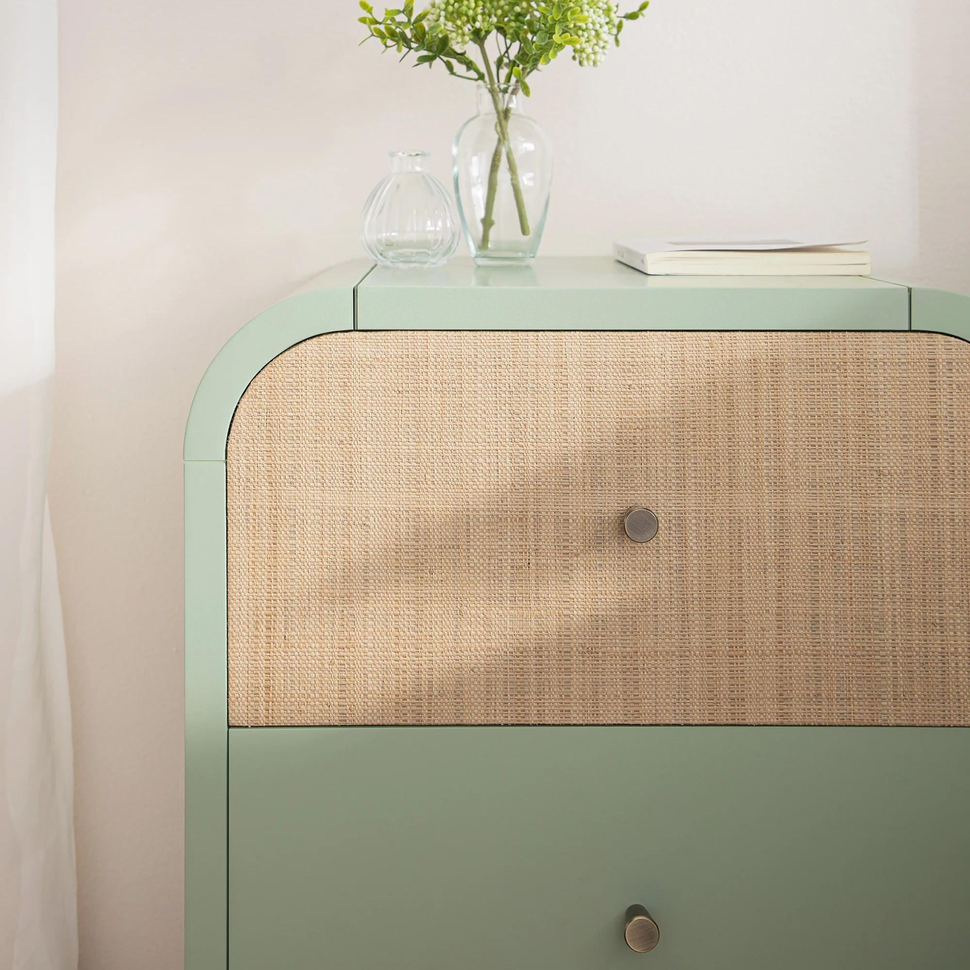Maude 2 Drawer Bedside Table, Muted Pistachio Ash with Raffia - Image 3