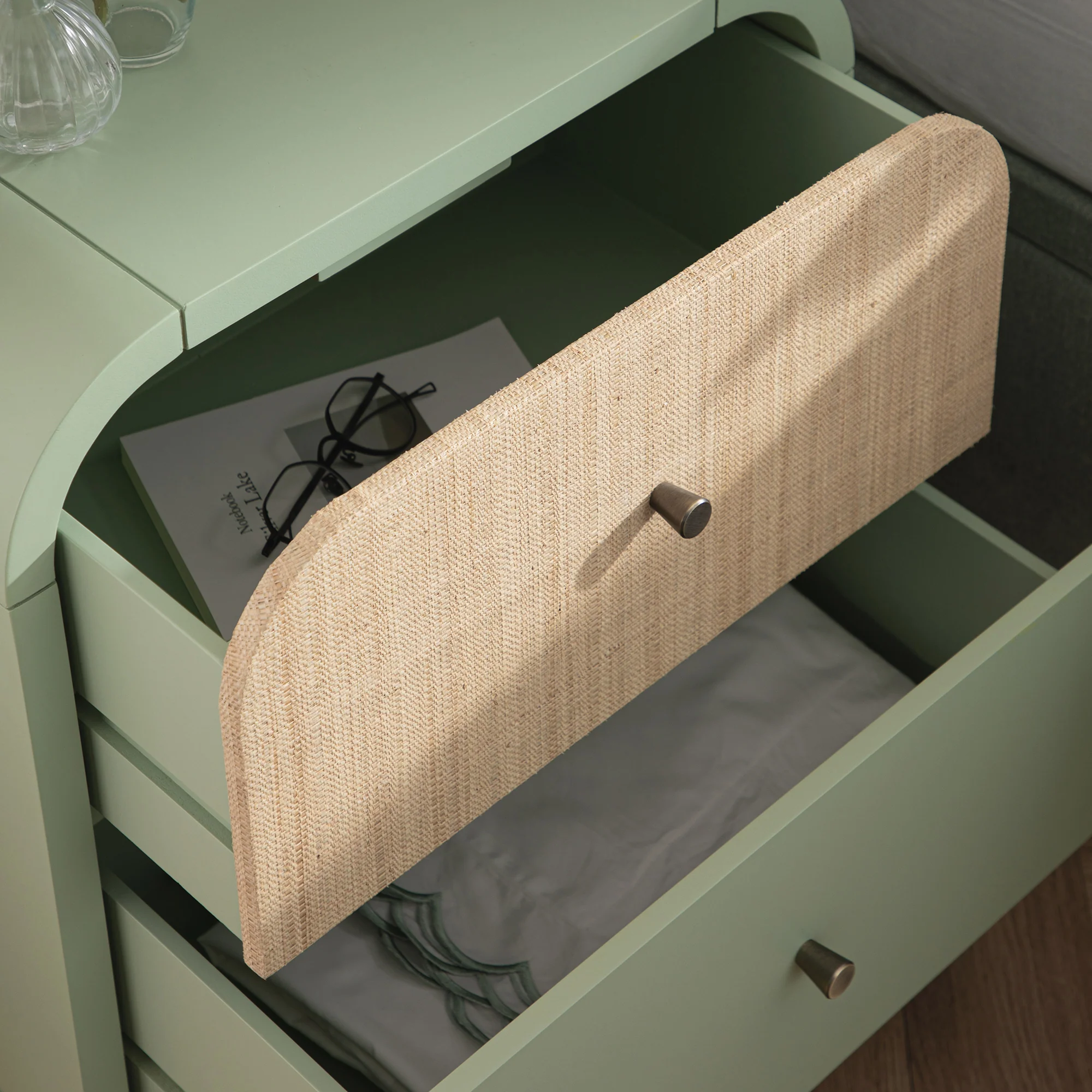Maude 2 Drawer Bedside Table, Muted Pistachio Ash with Raffia - Image 4