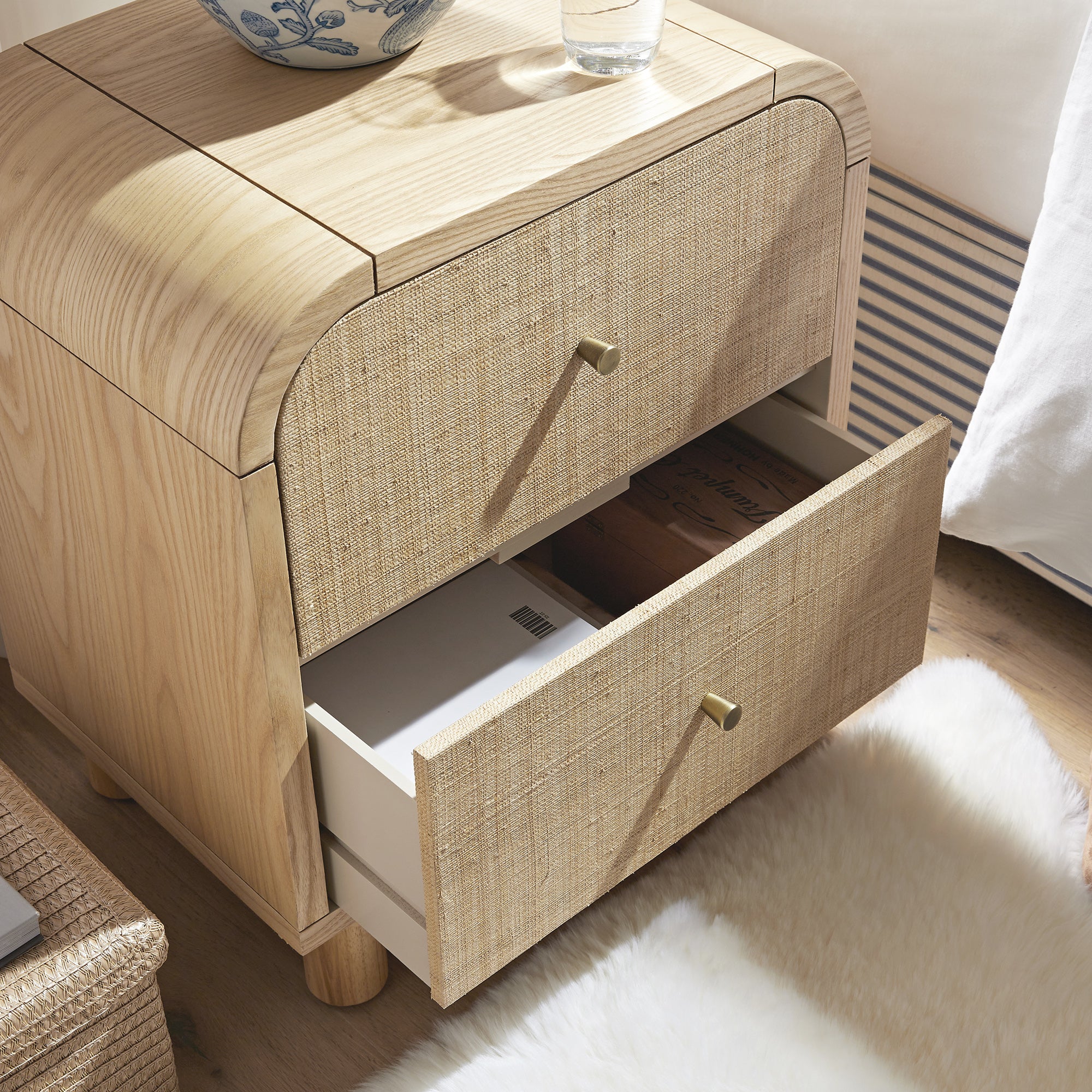 Maude 2 Drawer Bedside Table, Natural Ash with Raffia - Image 3