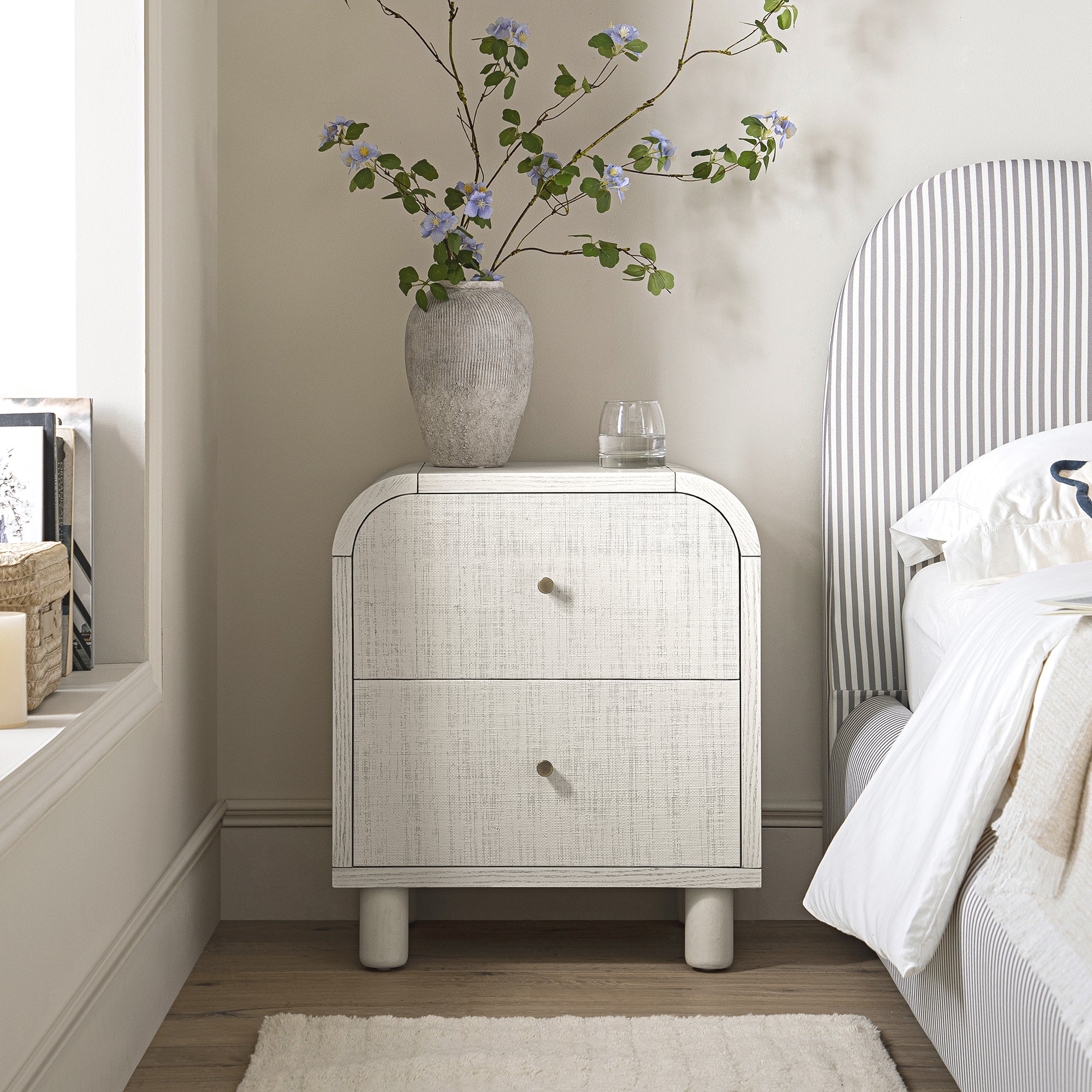 Maude 2 Drawer Bedside Table, Washed White Ash with Raffia - Image 2