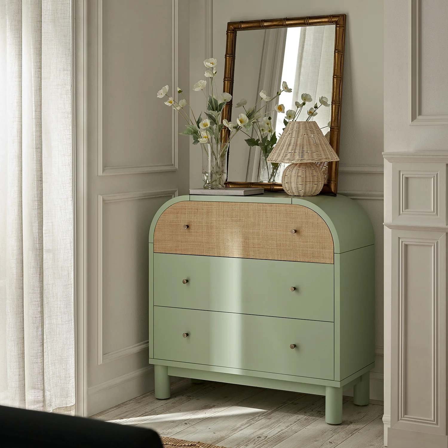 Maude Chest of 3 Drawers, Muted Pistachio Ash with Raffia