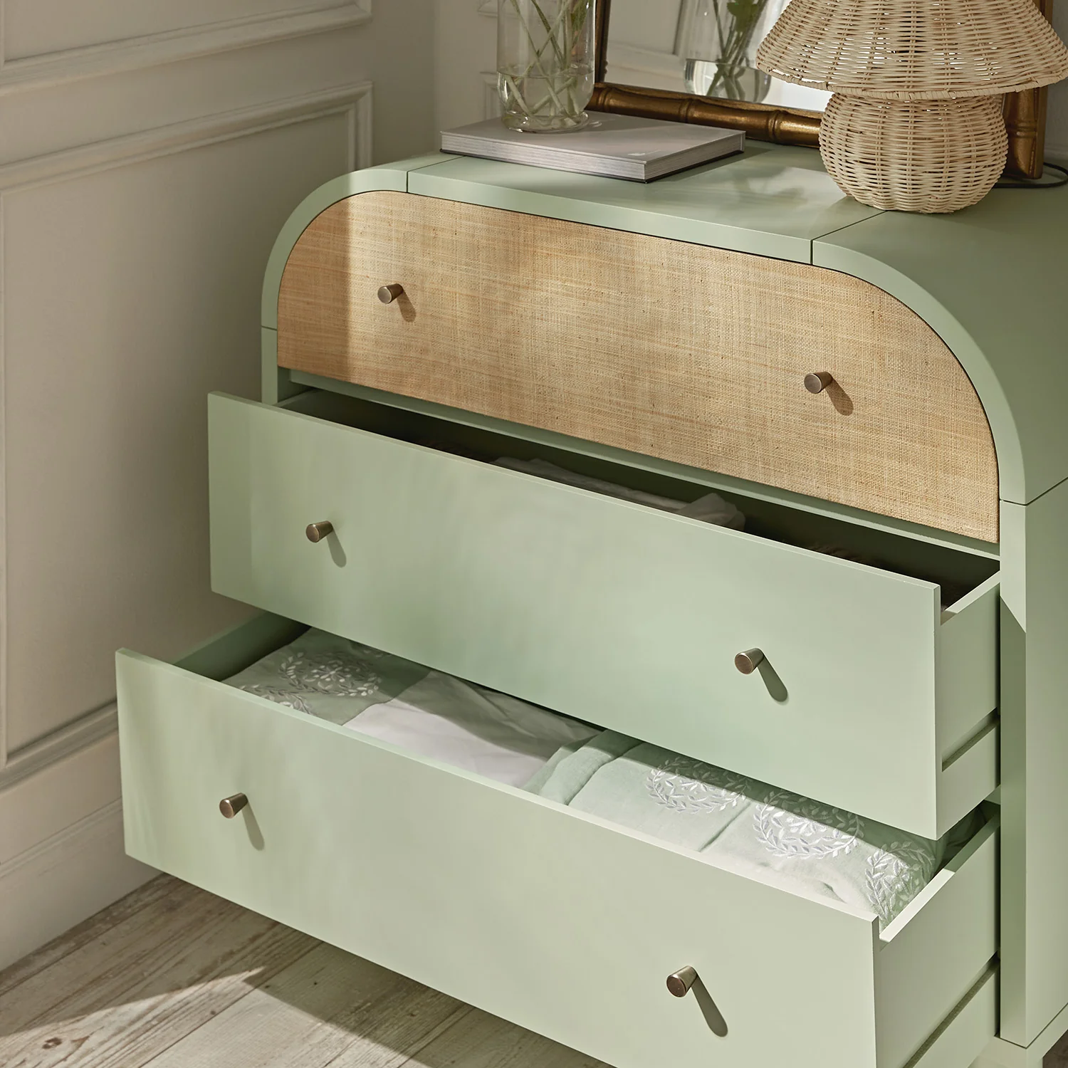 Maude Chest of 3 Drawers, Muted Pistachio Ash with Raffia - Image 3
