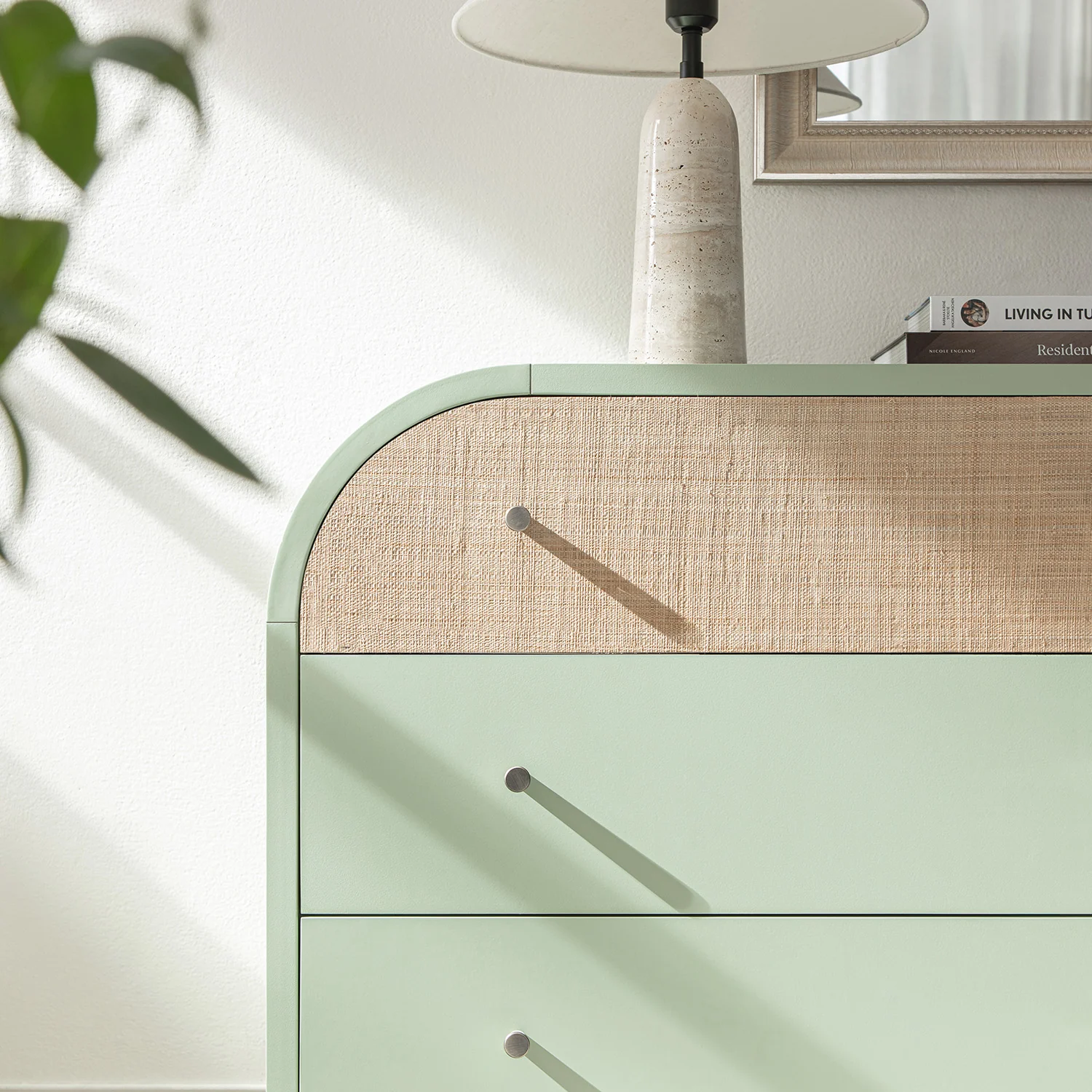 Maude Chest of 6 Drawers, Muted Pistachio Ash with Raffia - Image 5