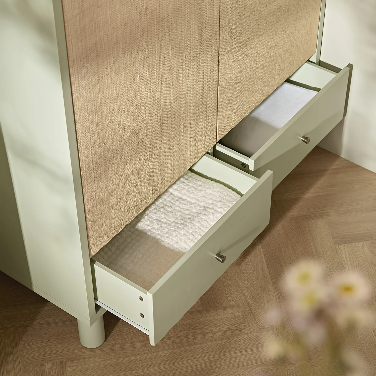 Maude Double Wardrobe, Muted Pistachio Ash with Raffia - Image 5