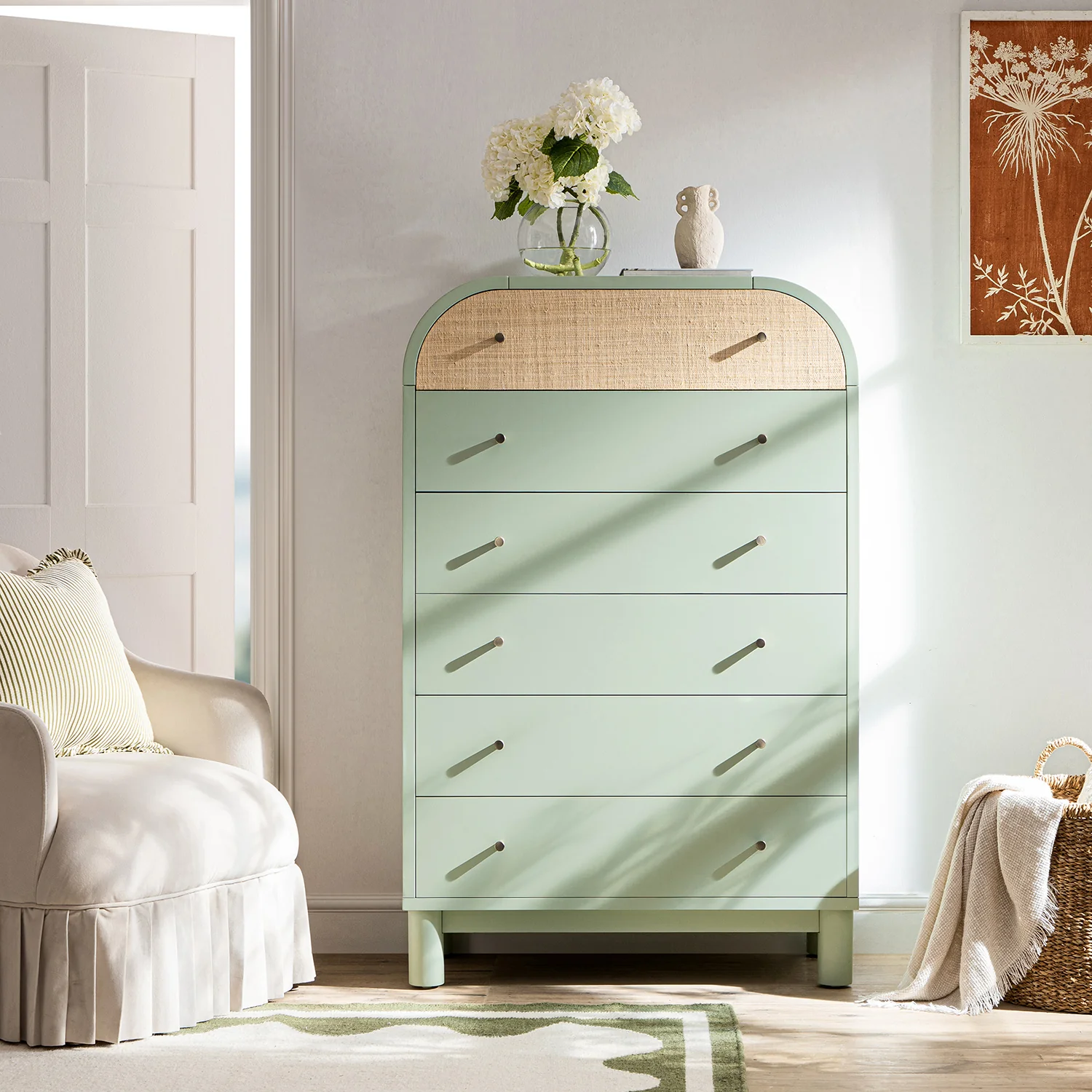 Maude Tall Chest, Muted Pistachio Ash with Raffia - Image 2
