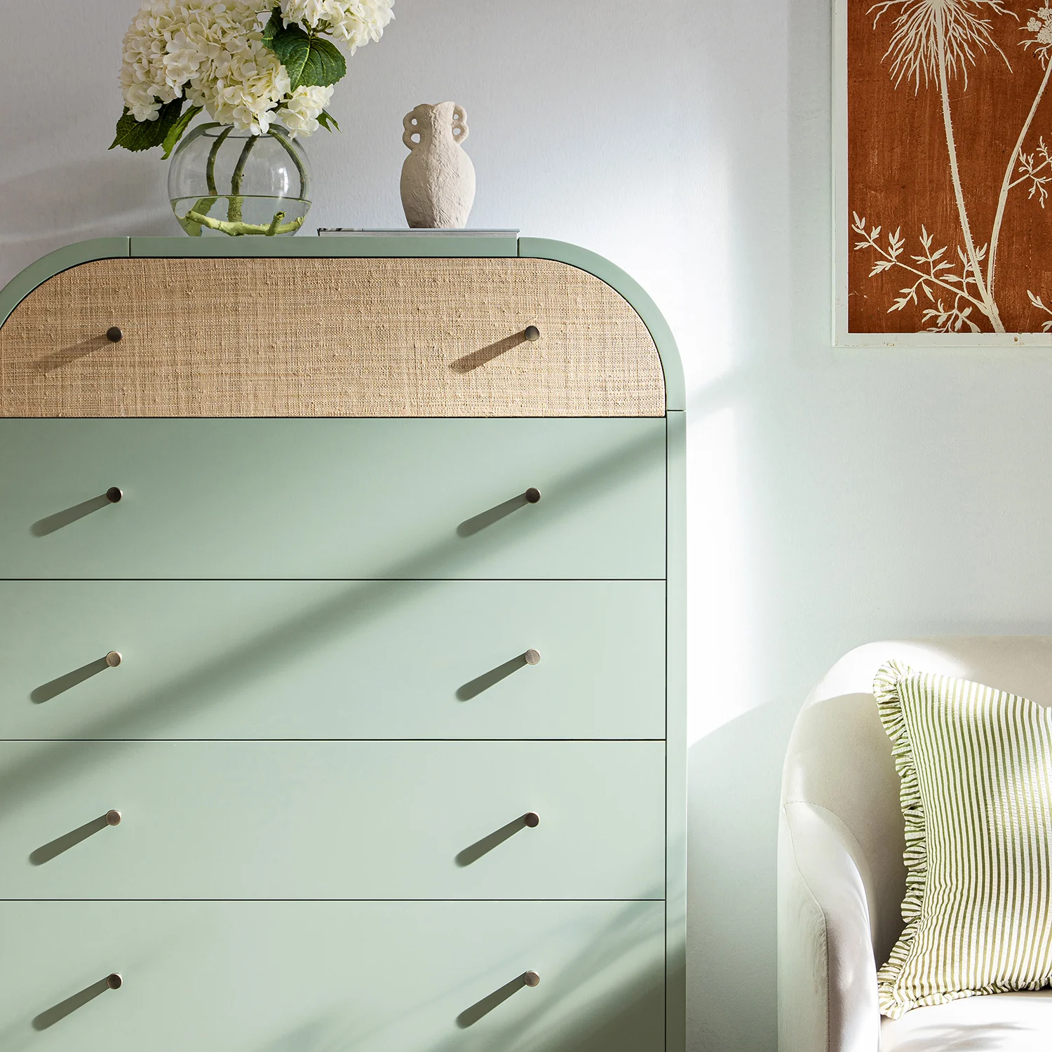 Maude Tall Chest, Muted Pistachio Ash with Raffia - Image 4