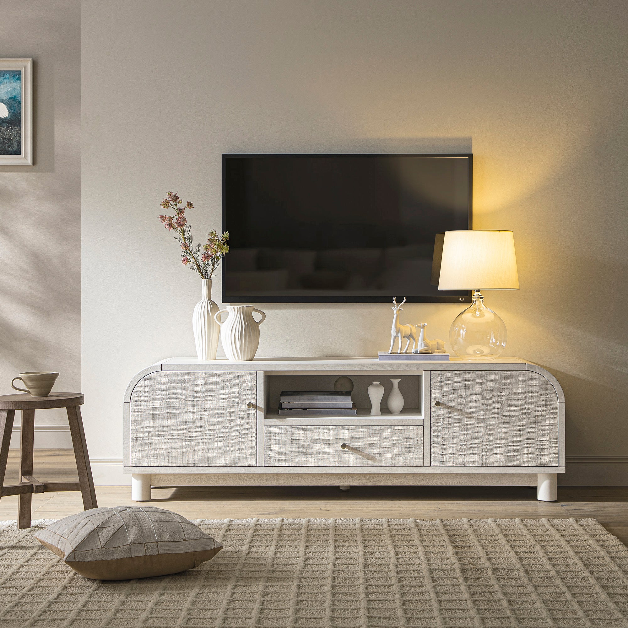 Maude TV Unit, Washed White Ash with Raffia - Image 2