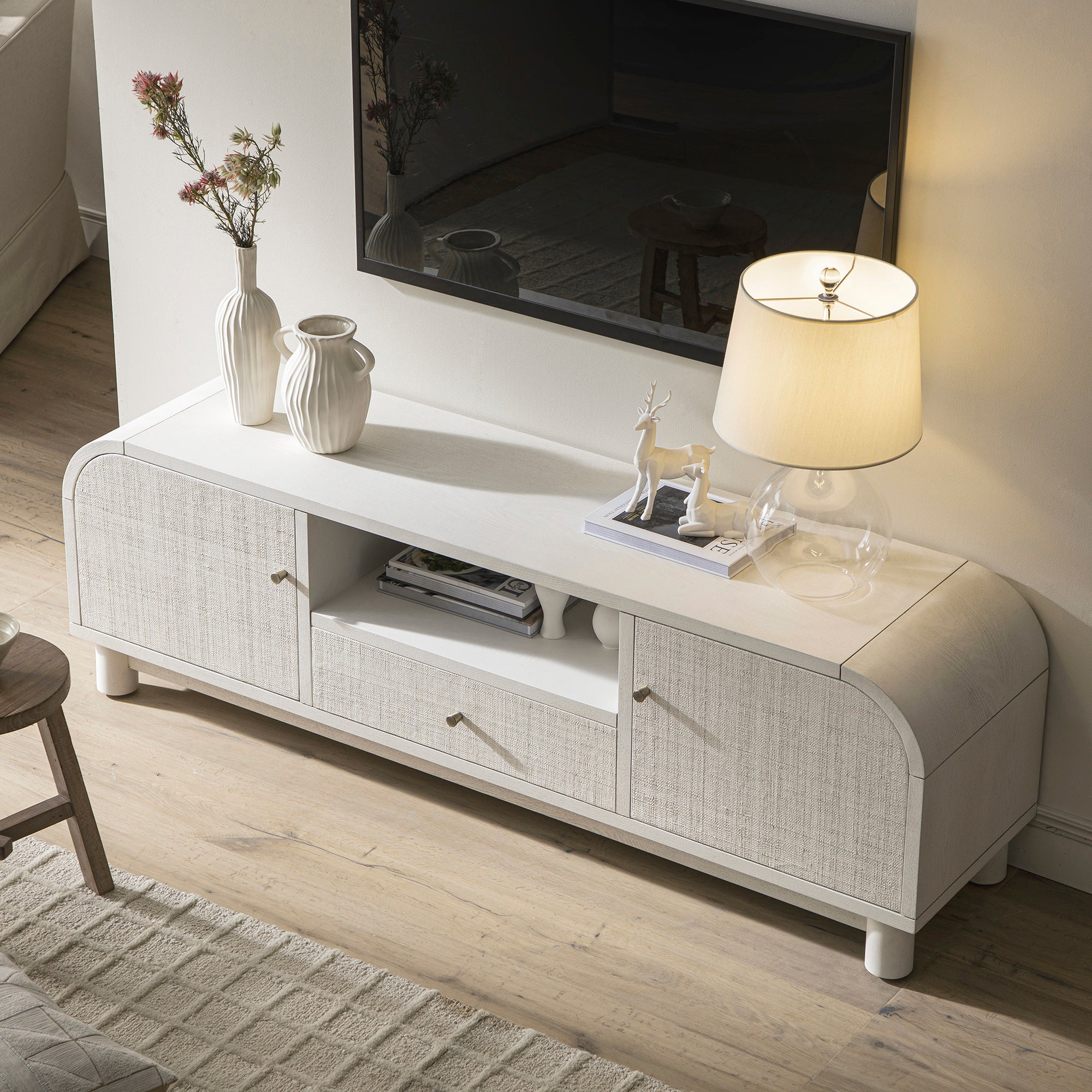 Maude TV Unit, Washed White Ash with Raffia - Image 4