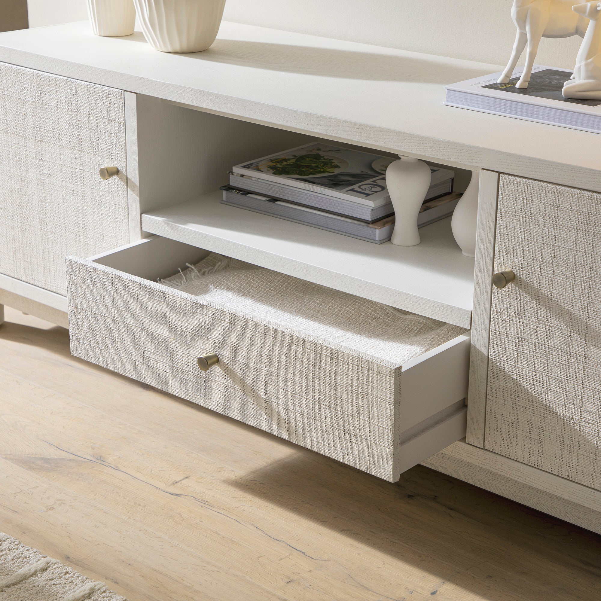 Maude TV Unit, Washed White Ash with Raffia - Image 6