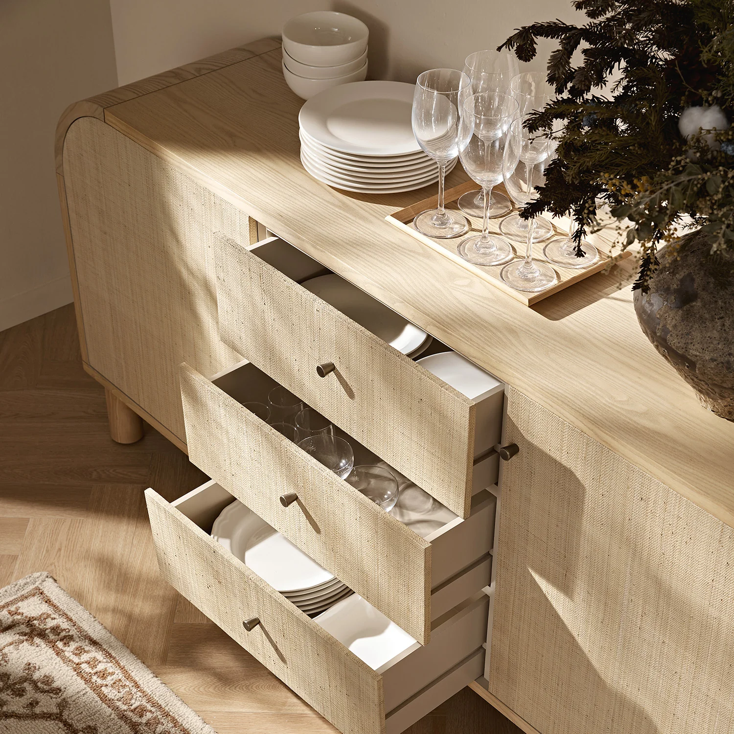 Maude Wide 3-Drawer Sideboard, Natural Ash with Raffia - Image 4
