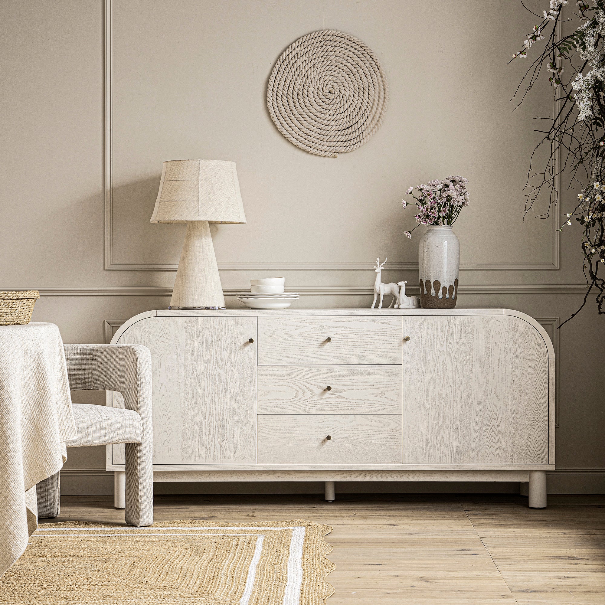 Maude Wide 3-Drawer Sideboard, Washed White Ash - Image 2