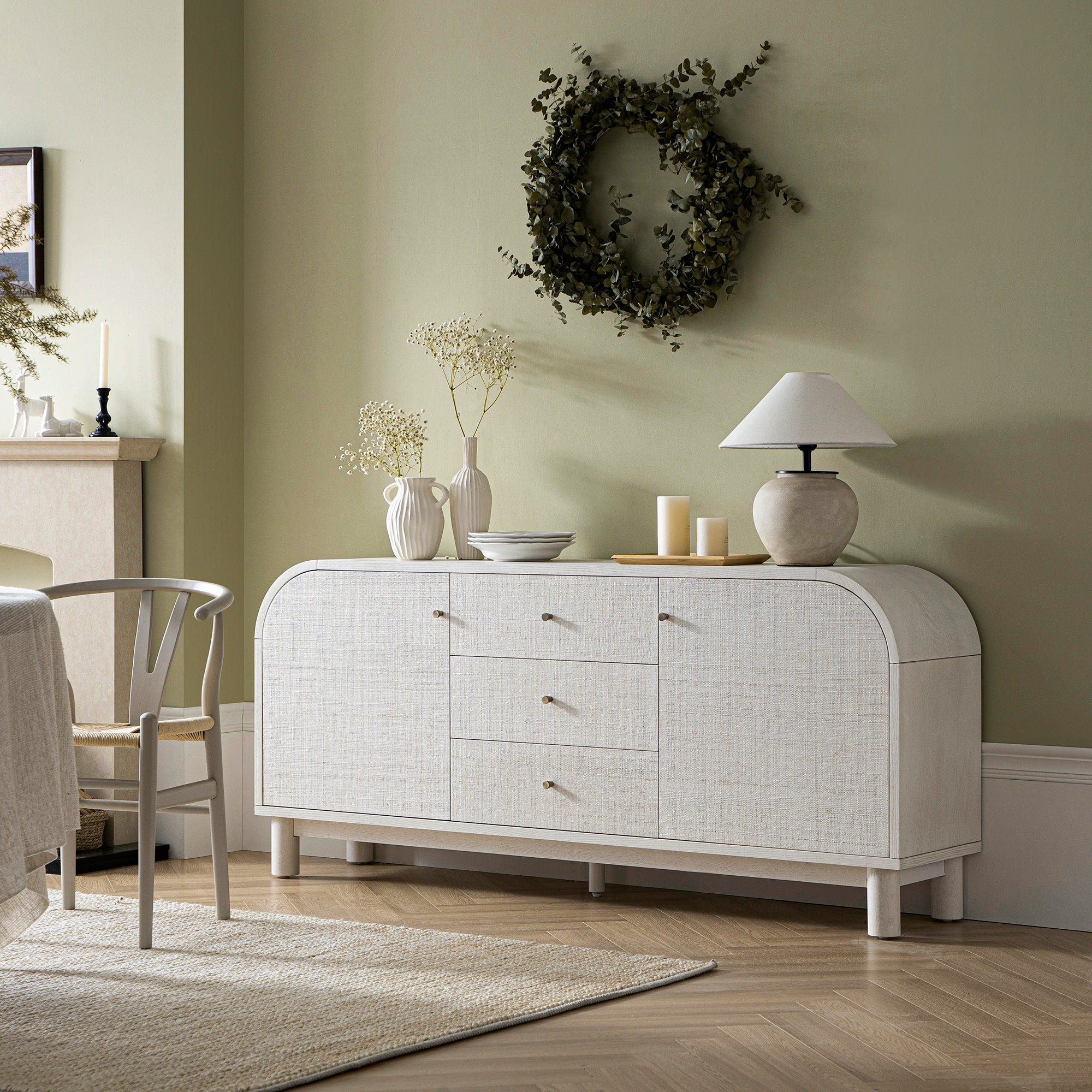Maude Wide 3-Drawer Sideboard, Washed White Ash with Raffia - Image 2