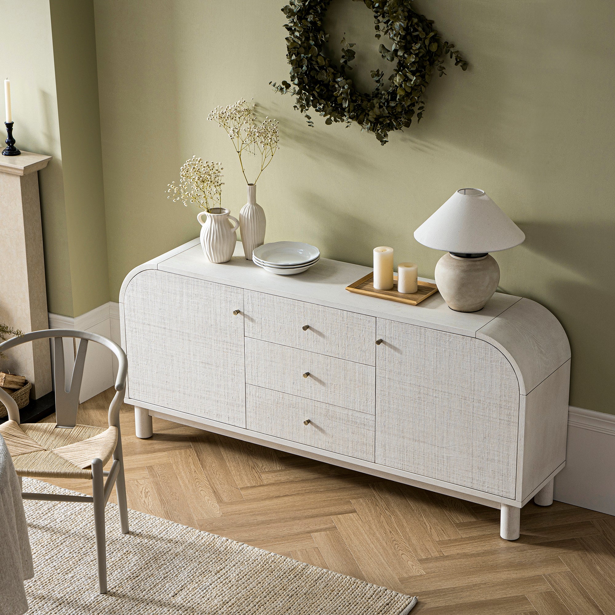 Maude Wide 3-Drawer Sideboard, Washed White Ash with Raffia - Image 3