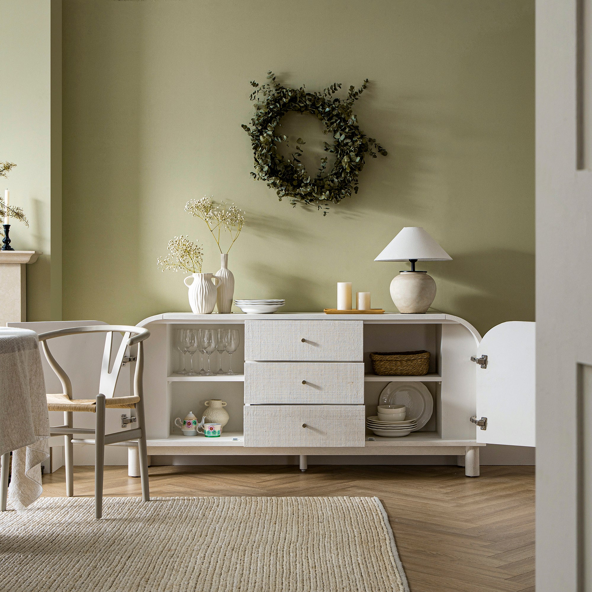 Maude Wide 3-Drawer Sideboard, Washed White Ash with Raffia - Image 4