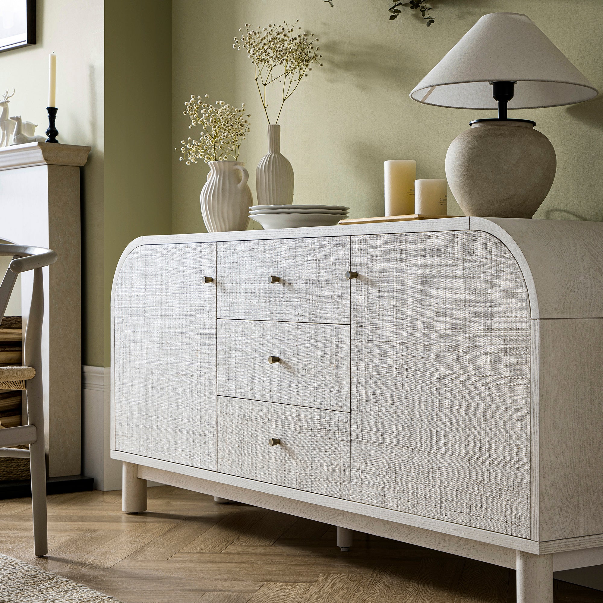 Maude Wide 3-Drawer Sideboard, Washed White Ash with Raffia - Image 7
