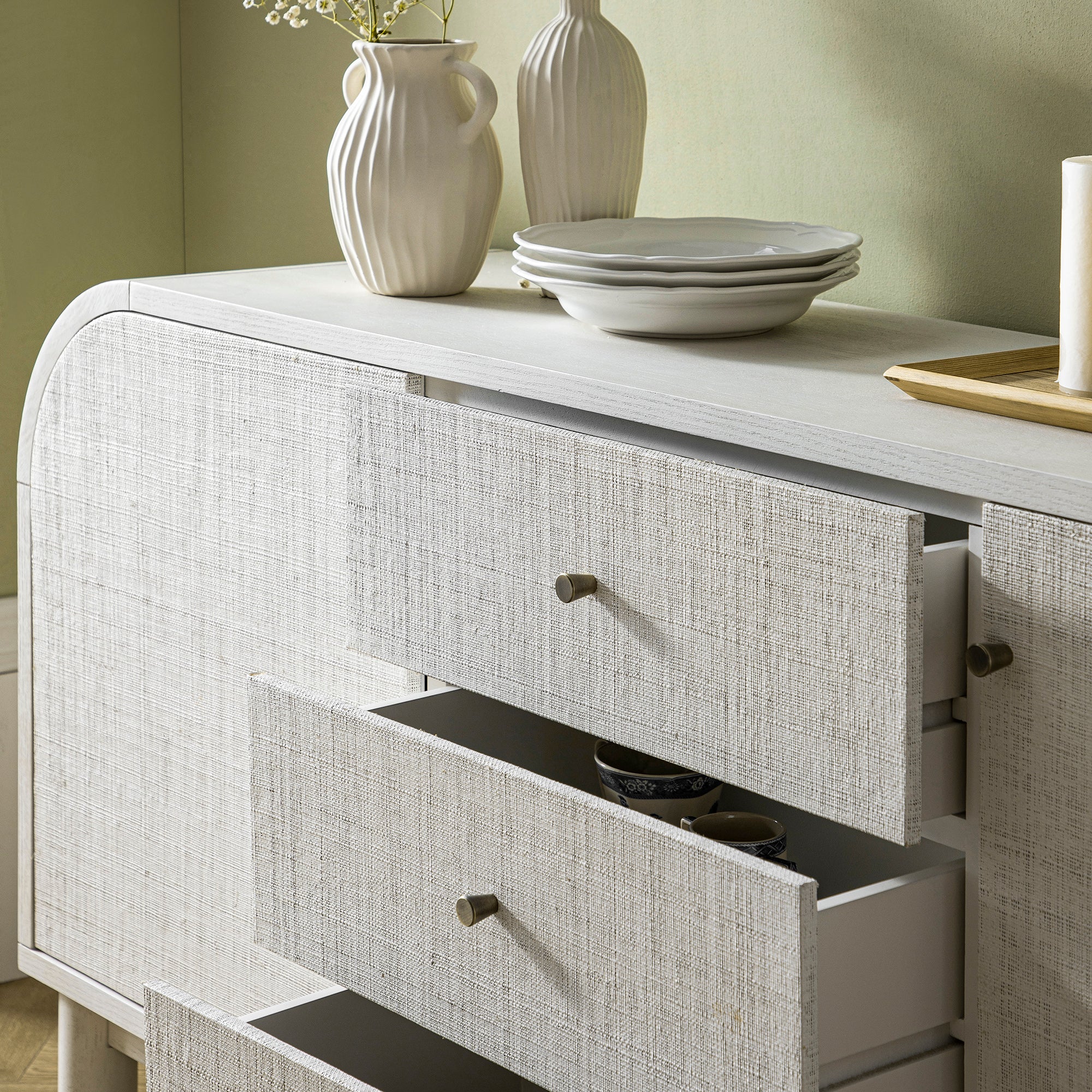 Maude Wide 3-Drawer Sideboard, Washed White Ash with Raffia - Image 8