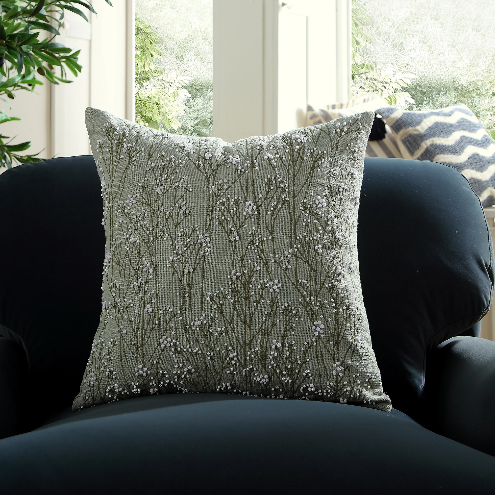 Meadow Hand Beaded and Embroidered Sage Green Cushion - Image 2