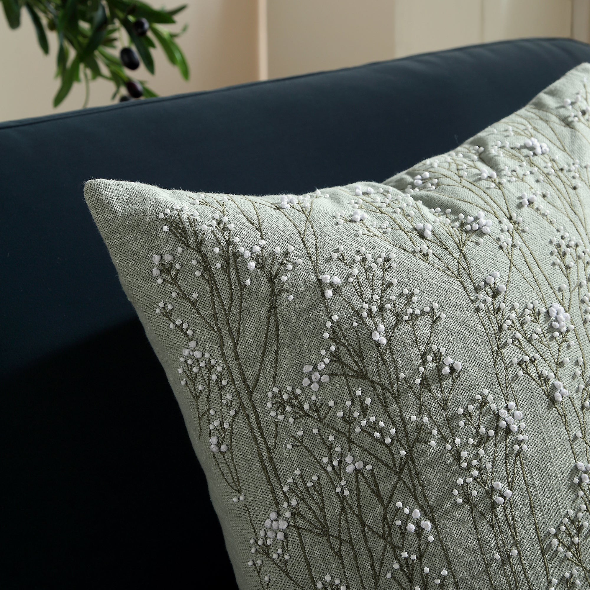 Meadow Hand Beaded and Embroidered Sage Green Cushion - Image 3