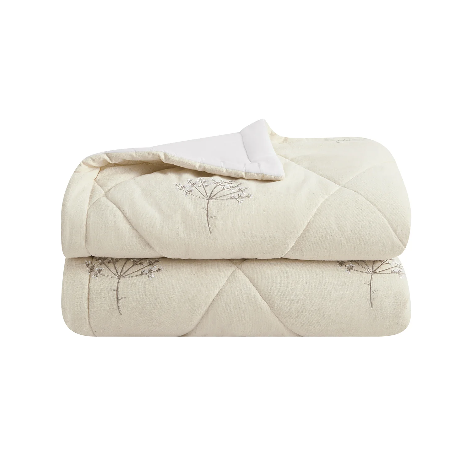 Meadow Cream Sprig Embroidered Quilted Linen Blend Bedspread - Image 2