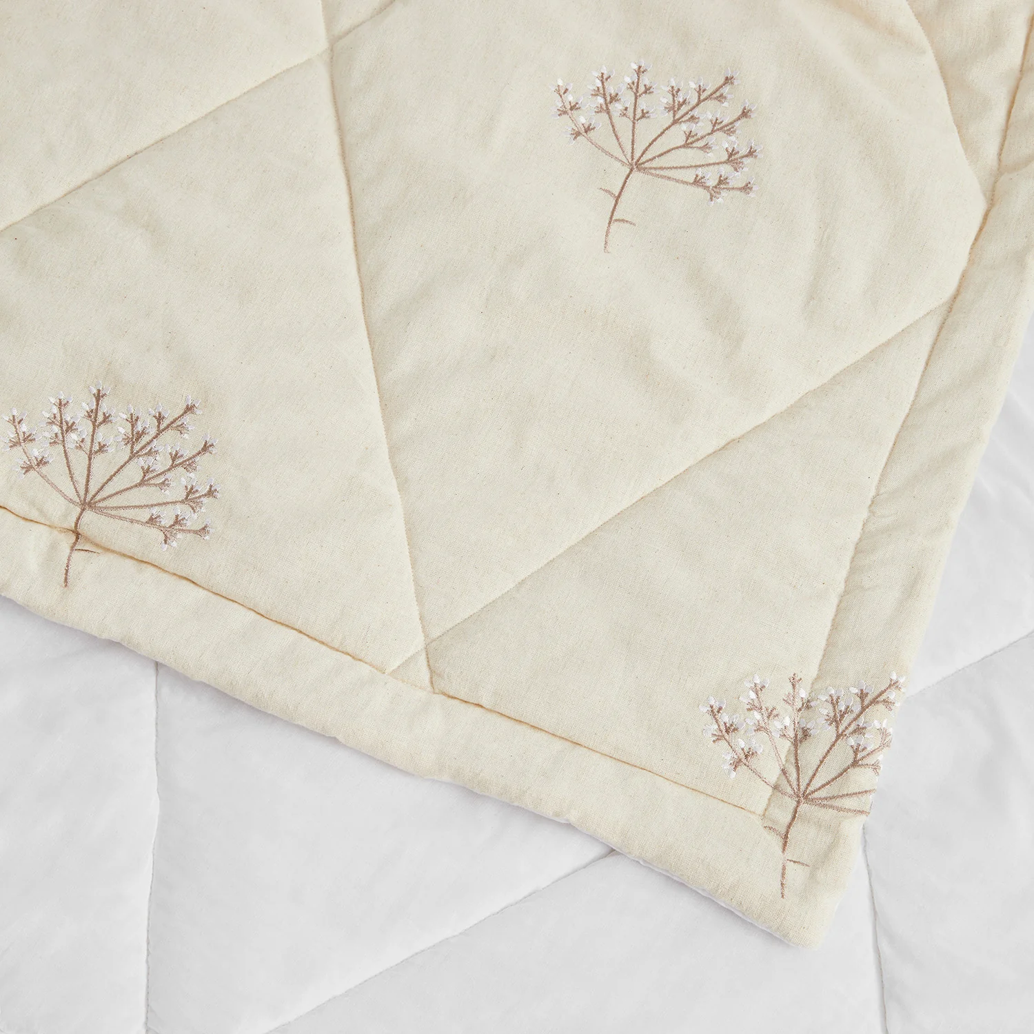 Meadow Cream Sprig Embroidered Quilted Linen Blend Bedspread - Image 4