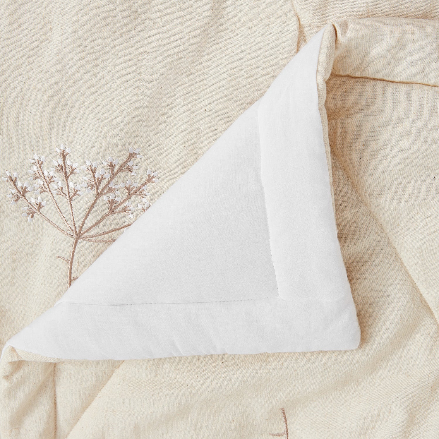 Meadow Cream Sprig Embroidered Quilted Linen Blend Bedspread - Image 5