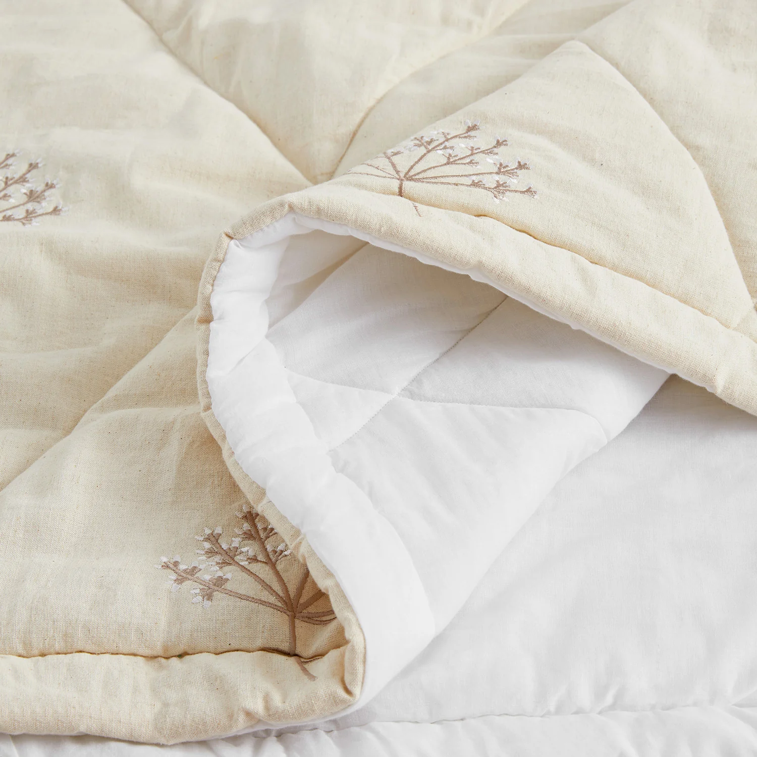 Meadow Cream Sprig Embroidered Quilted Linen Blend Bedspread - Image 6
