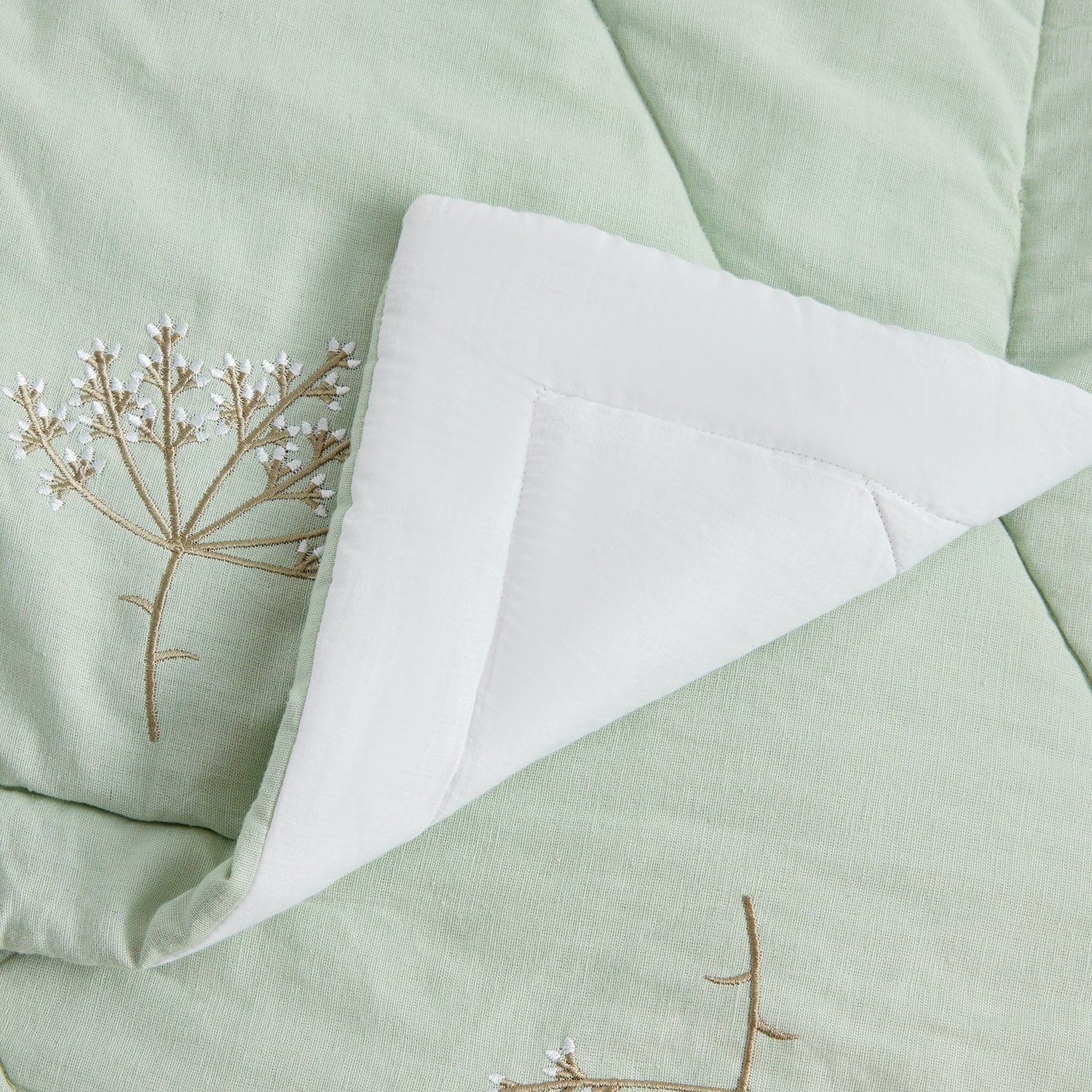 Meadow Seafoam Green Sprig Embroidered Quilted Linen Blend Bedspread - Image 5