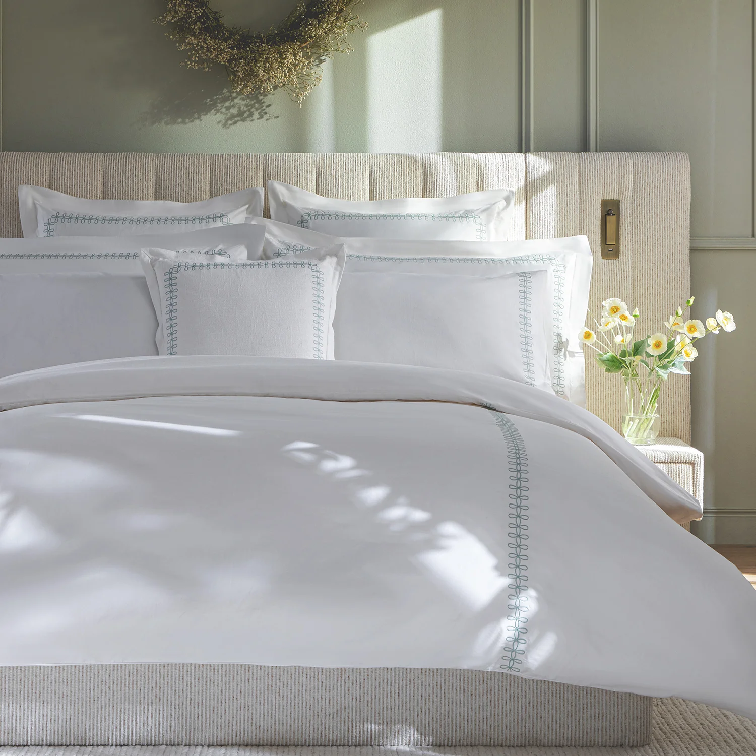 Milano Sea Spray Green Knot Embroidered 600 Thread Count Cotton Sateen Duvet Set - Image 2