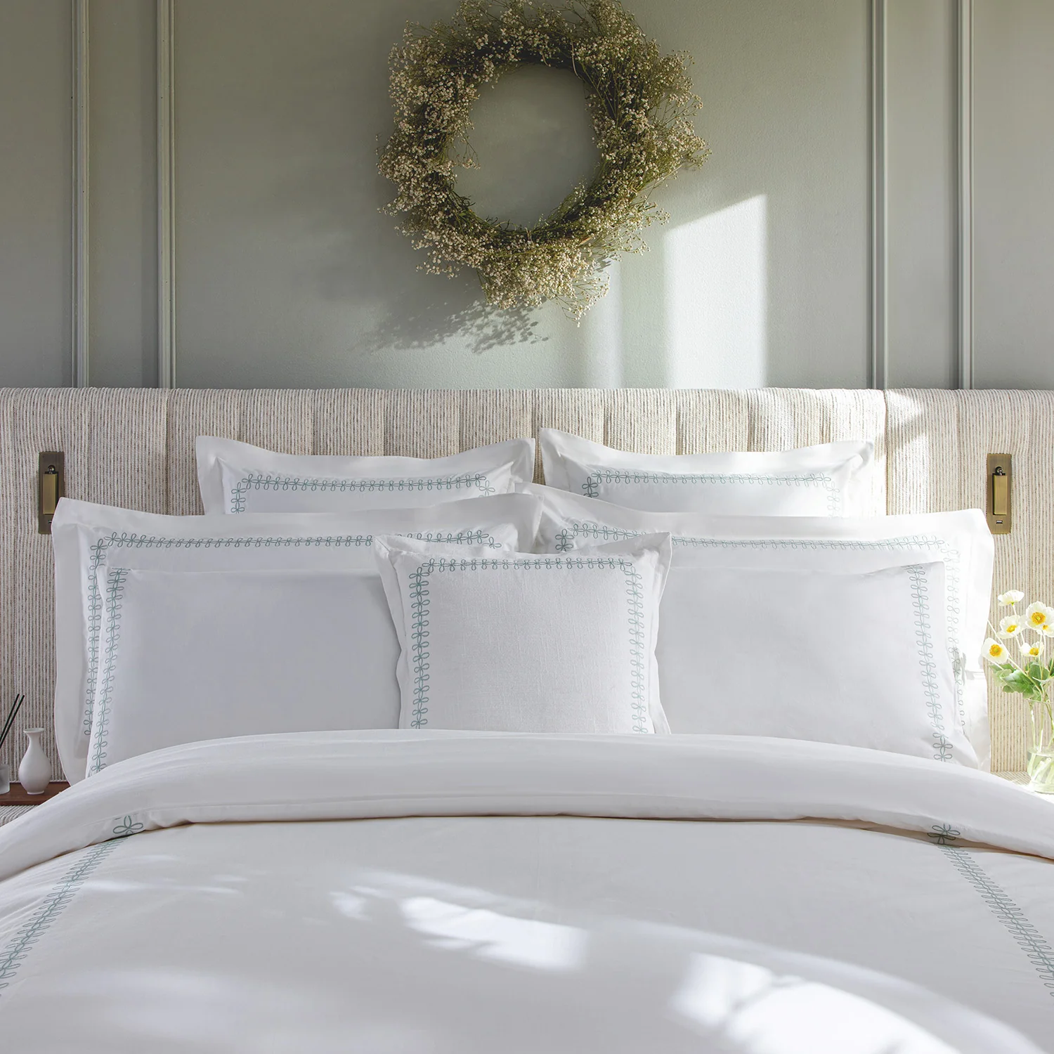 Milano Sea Spray Green Knot Embroidered 600 Thread Count Cotton Sateen Duvet Set - Image 4