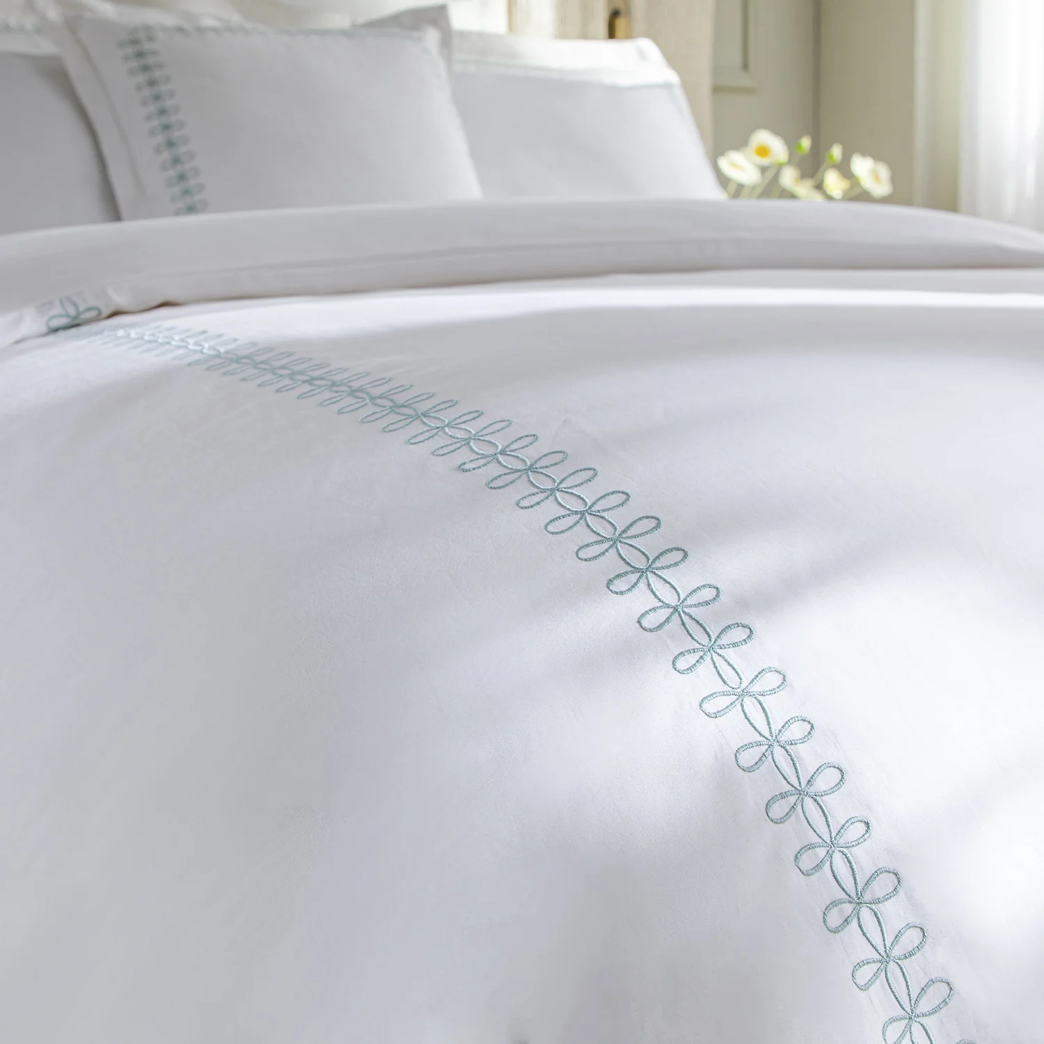 Milano Sea Spray Green Knot Embroidered 600 Thread Count Cotton Sateen Duvet Set - Image 5
