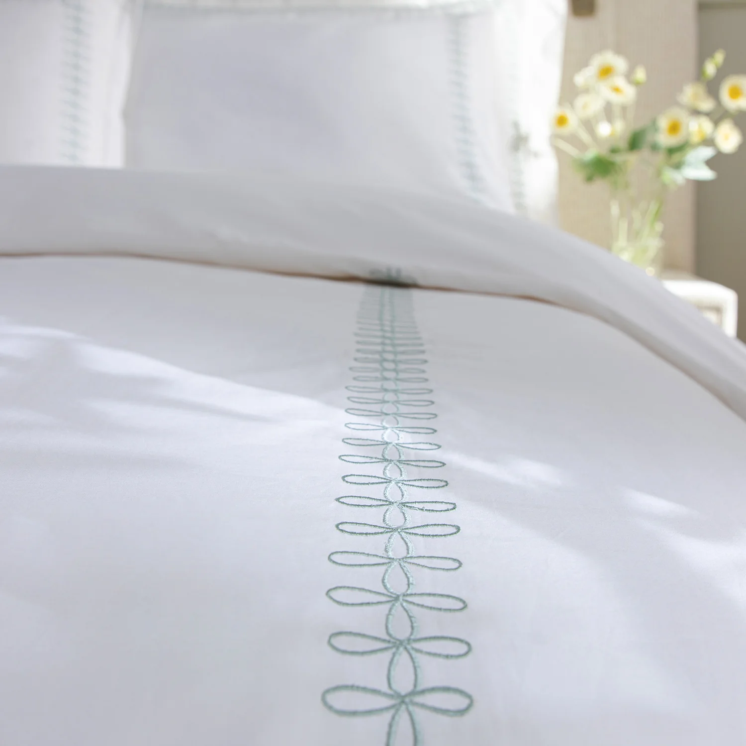 Milano Sea Spray Green Knot Embroidered 600 Thread Count Cotton Sateen Duvet Set - Image 6