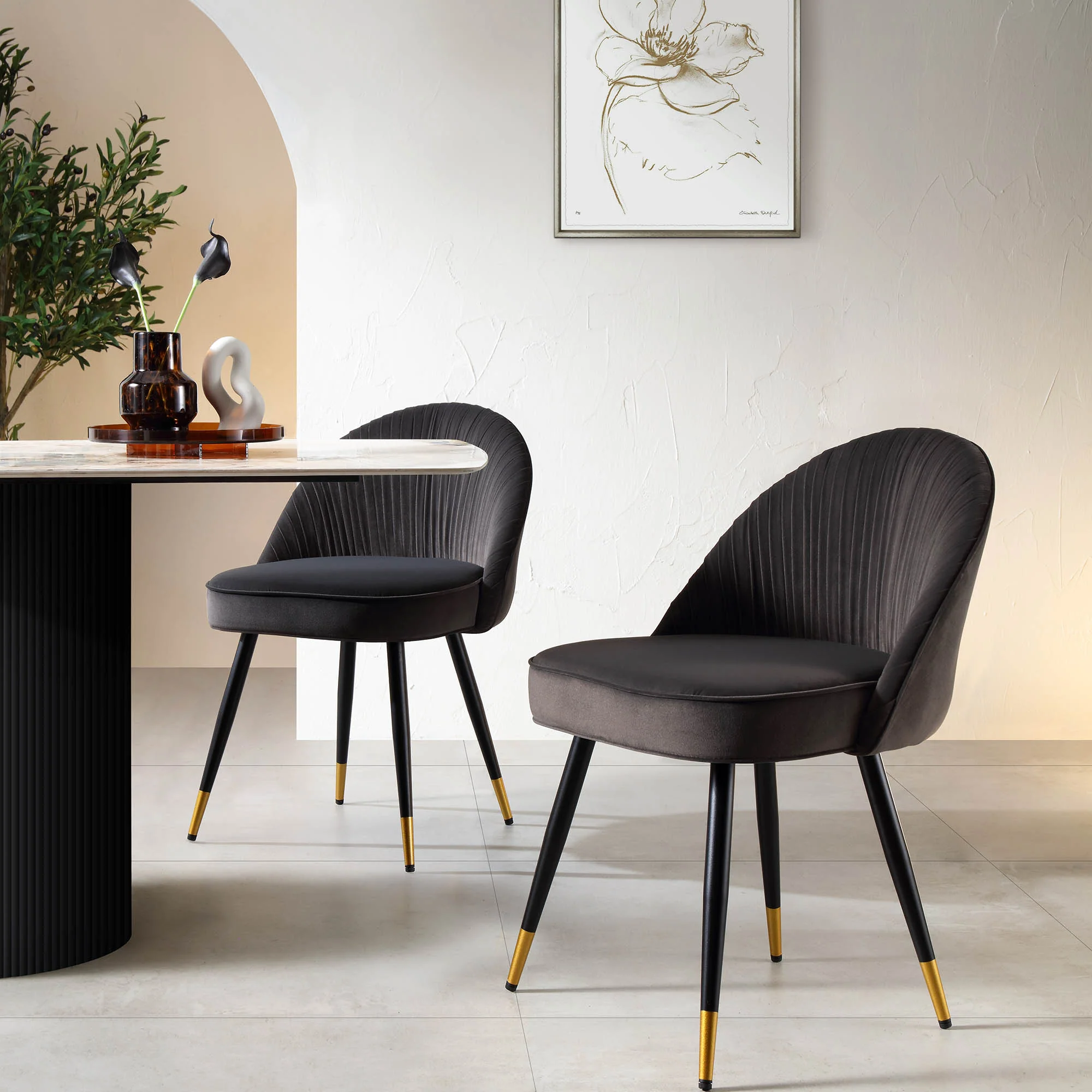 Miyae Set of 2 Pleated Charcoal Velvet Upholstered Dining Chairs