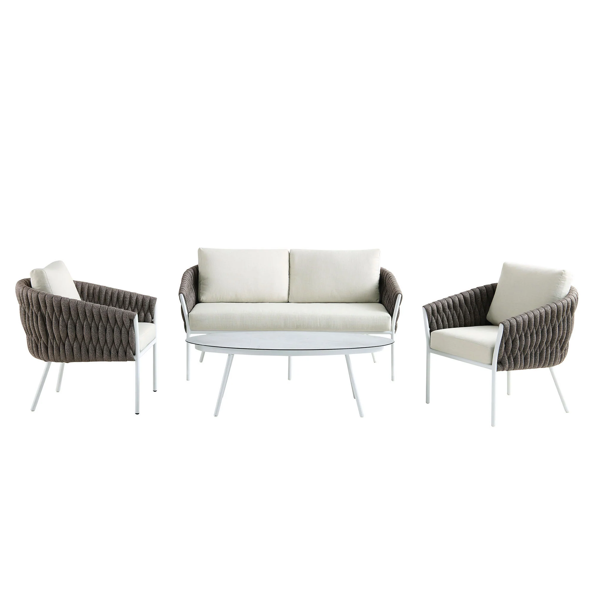 Montebello 4-Seater Outdoor Taupe Rope and Aluminium Sofa Set with White Ceramic Coffee Table - Image 5