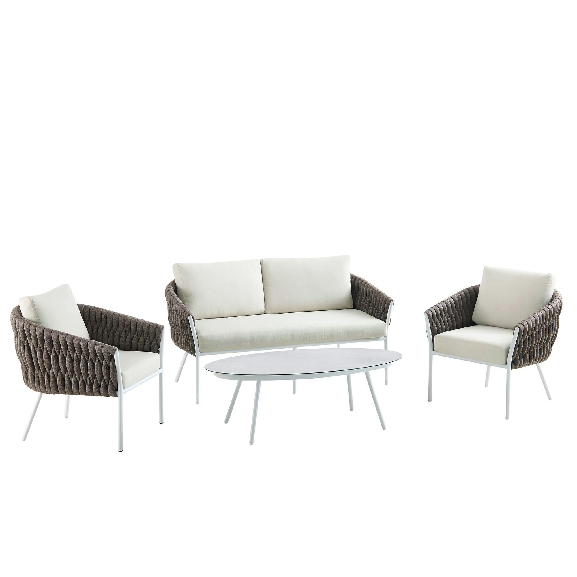 Montebello 4-Seater Outdoor Taupe Rope and Aluminium Sofa Set with White Ceramic Coffee Table - Image 7