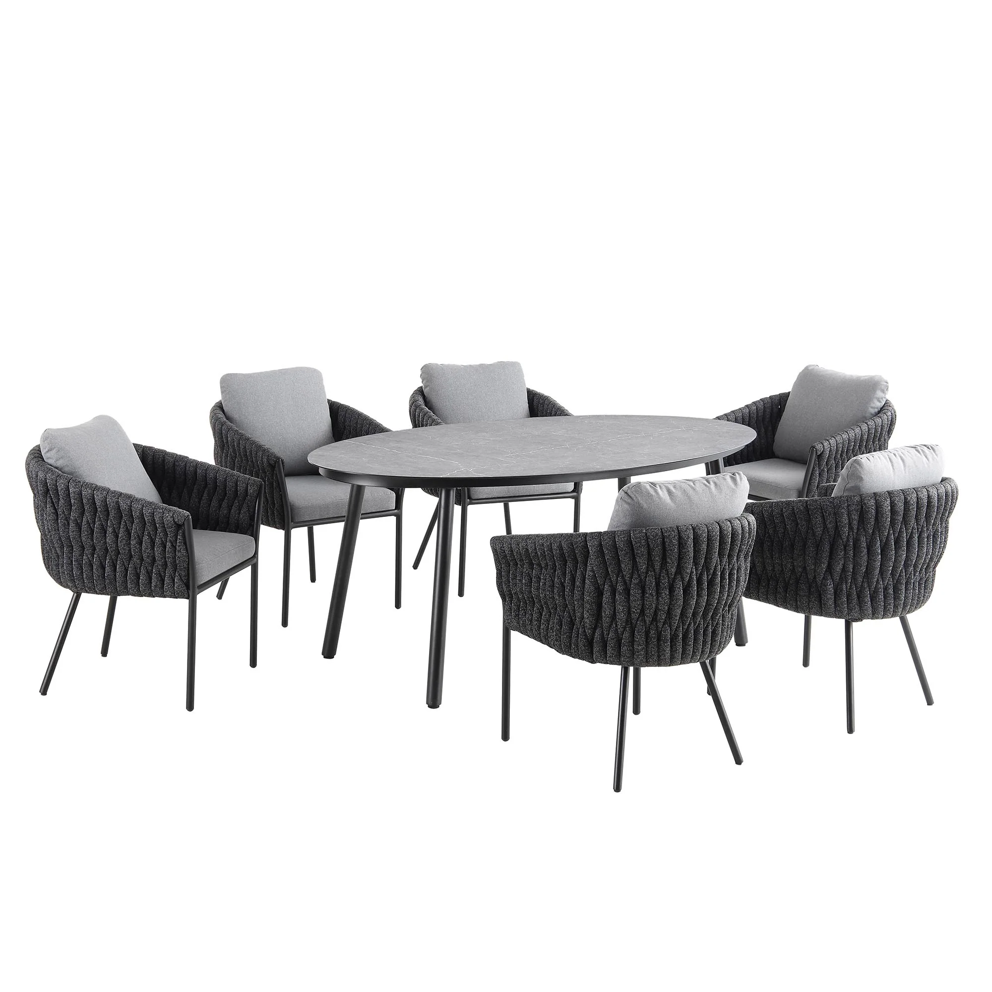 Montebello 6-Seater Outdoor Black Rope and Aluminium Oval Dining Set with Grey Ceramic Dining Table - Image 3