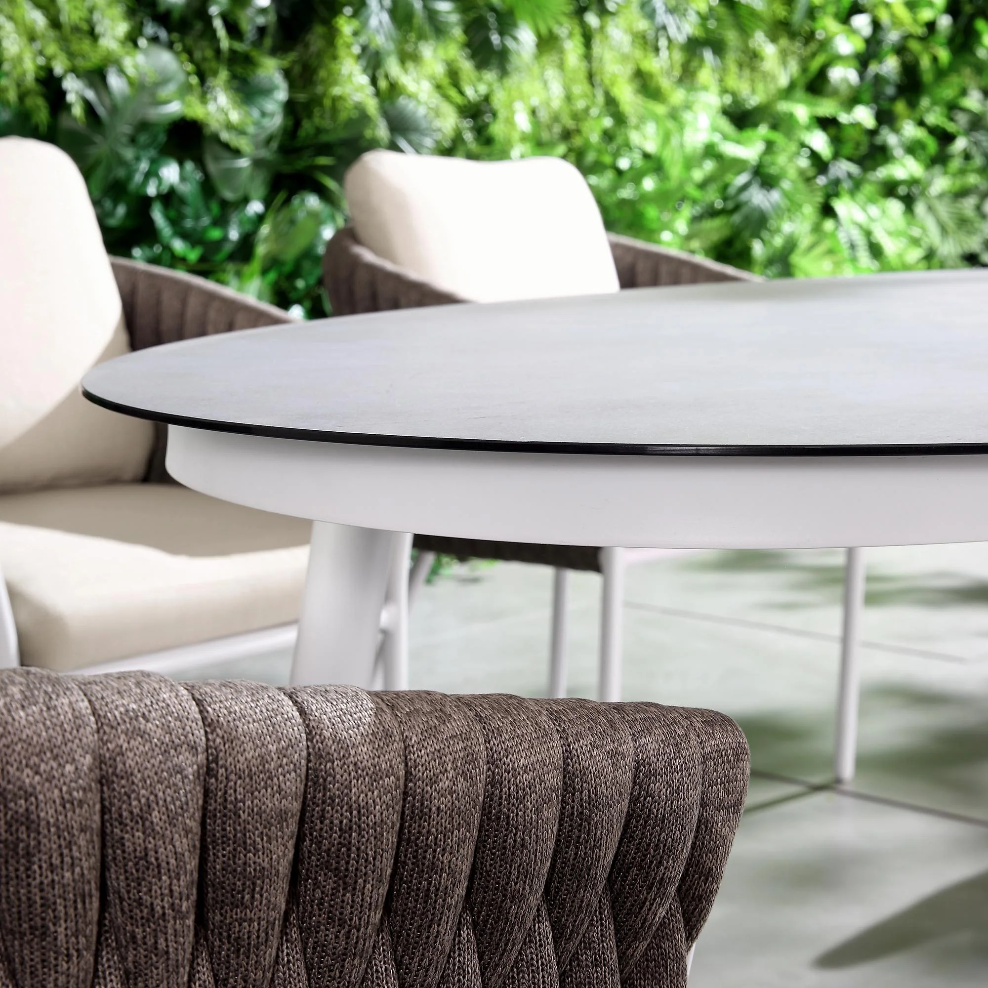 Montebello 6-Seater Outdoor Taupe Rope and Aluminium Oval Dining Set with White Ceramic Dining Table - Image 3