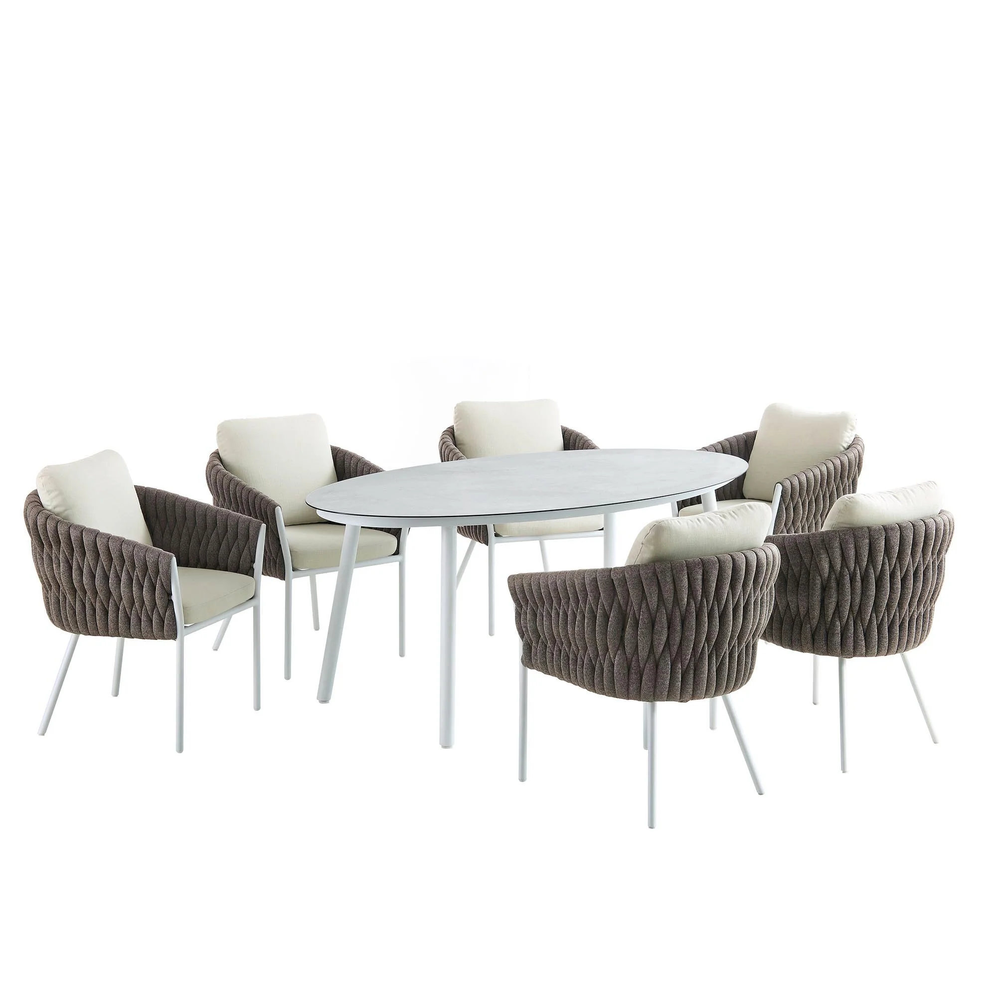 Montebello 6-Seater Outdoor Taupe Rope and Aluminium Oval Dining Set with White Ceramic Dining Table - Image 4