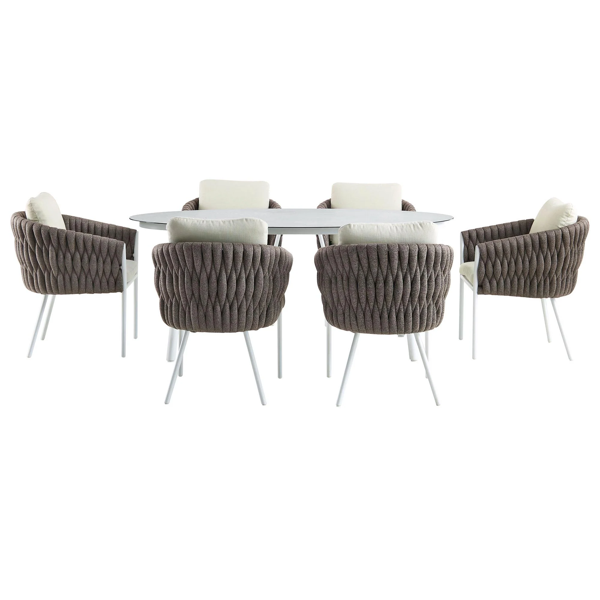 Montebello 6-Seater Outdoor Taupe Rope and Aluminium Oval Dining Set with White Ceramic Dining Table - Image 7