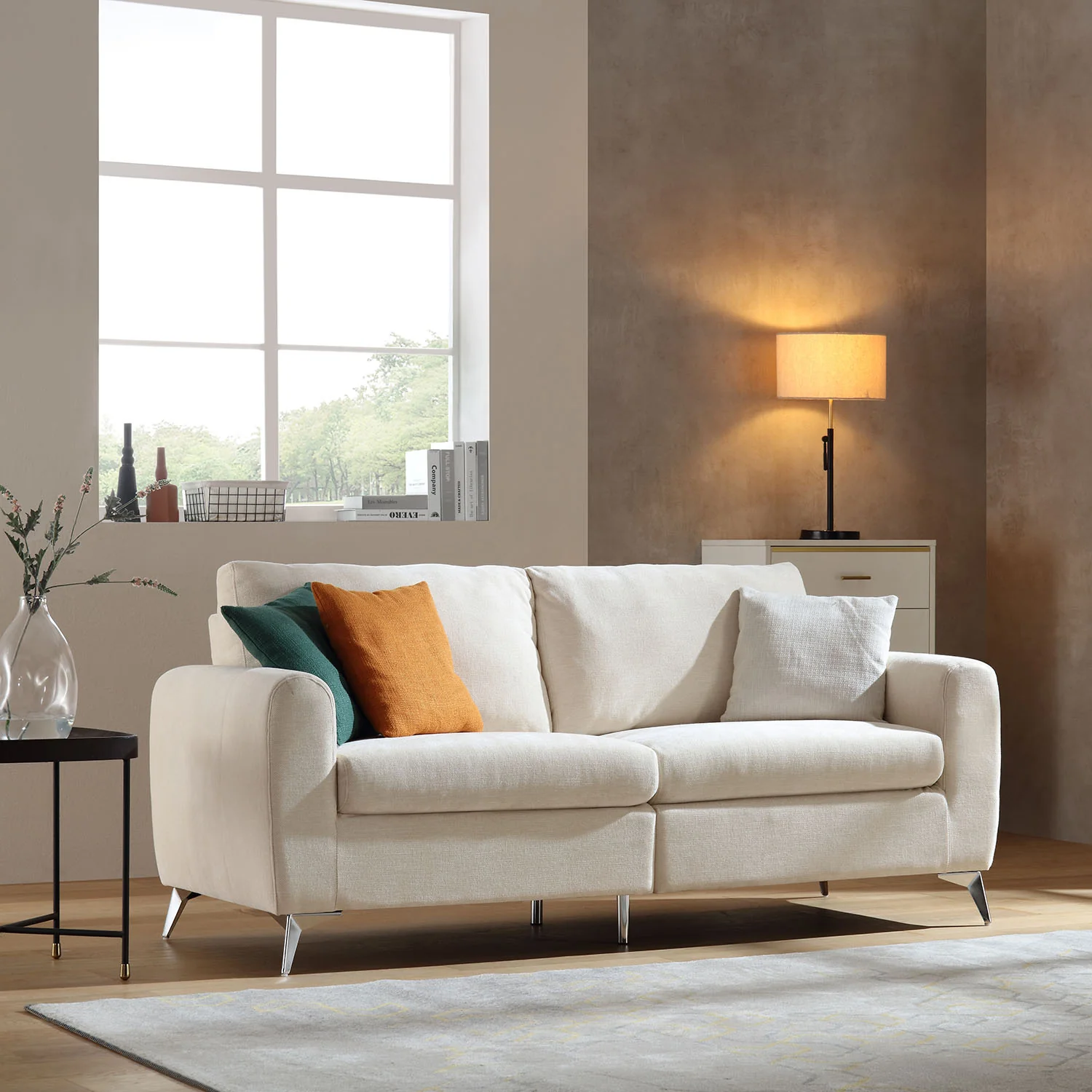 Noak 3-Seater Beige Woven Fabric Sofa with Chrome Legs - Image 2