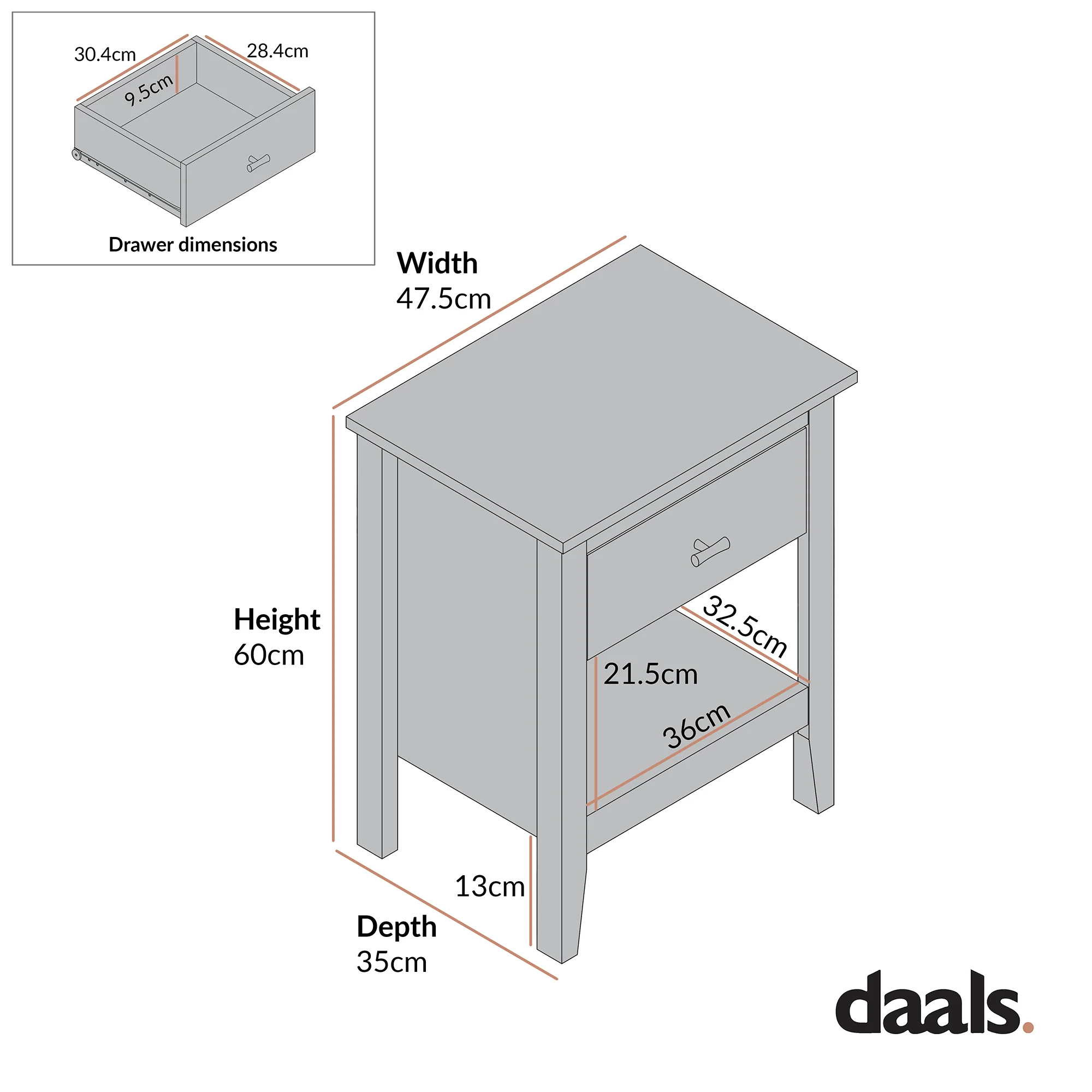 Oakham 1-Drawer Bedside Table, Deep Greige - Image 7