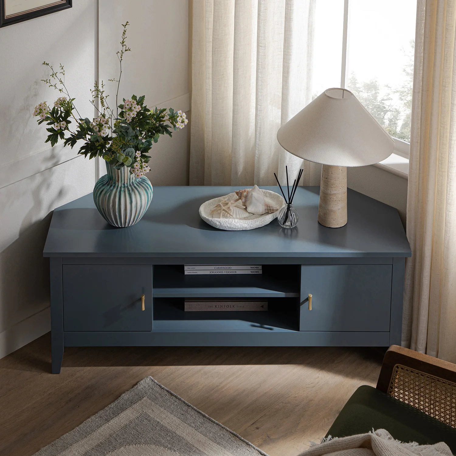 Oakham 120cm Corner TV Unit, Stormy Blue - Image 2